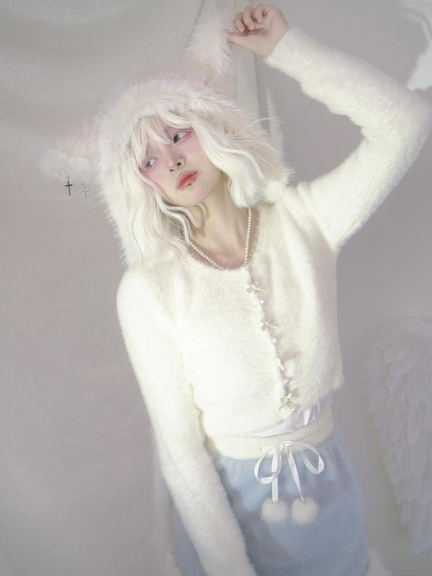 Daytoday Pearl Bow Short Knit Cardigan Pure Color Versatile