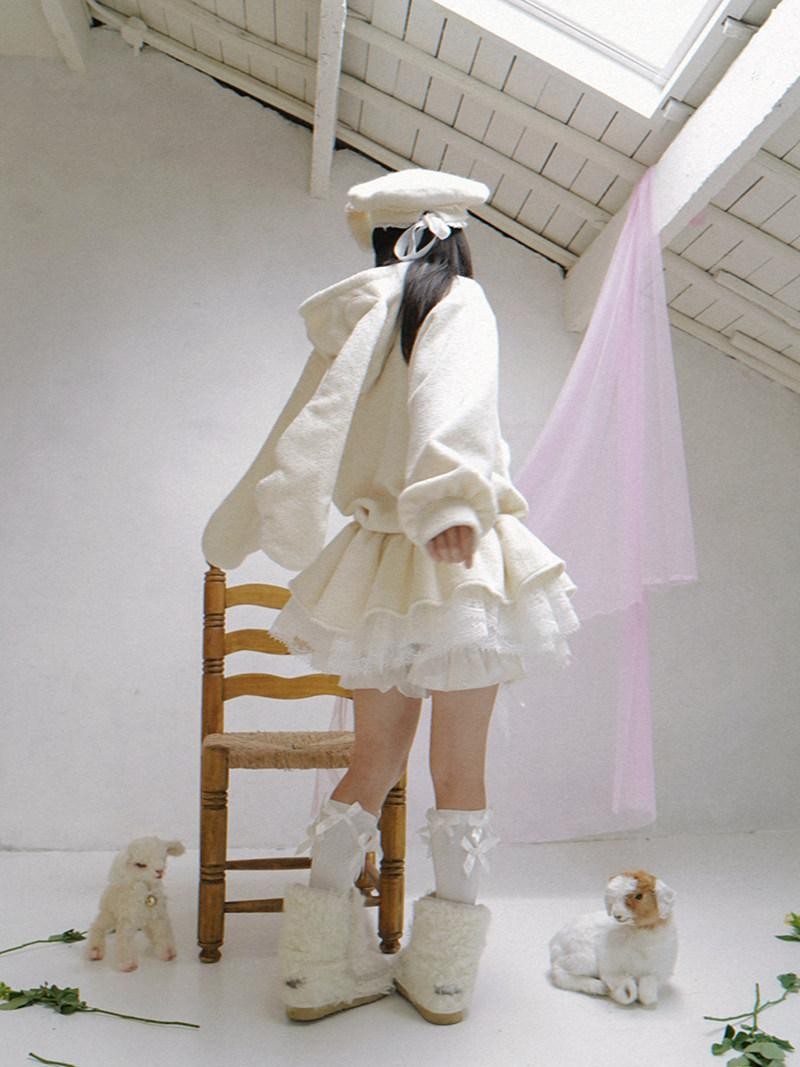 Daytoday Plush Angel Ear Pompom Lace Low Waist Hooded Women&