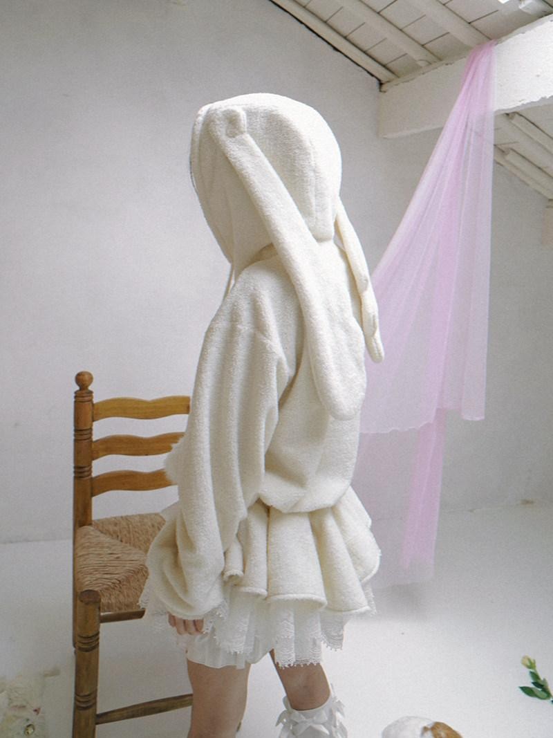 Daytoday Plush Angel Ear Pompom Lace Low Waist Hooded Women&