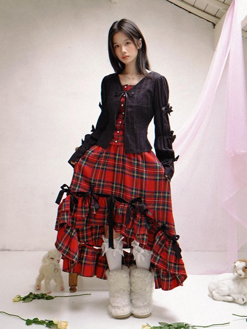 Daytoday Polka Dot Red Plaid Patch Fitted Vneck Button Long Sleeve Printed Women&