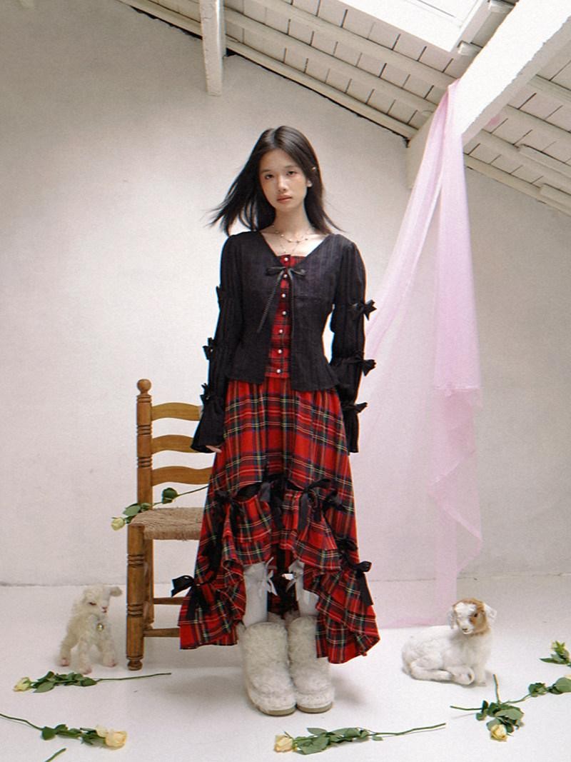 Daytoday Polka Dot Red Plaid Patch Fitted Vneck Button Long Sleeve Printed Women&