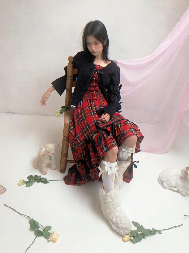 Daytoday Polka Dot Red Plaid Patch Fitted Vneck Button Long Sleeve Printed Women&