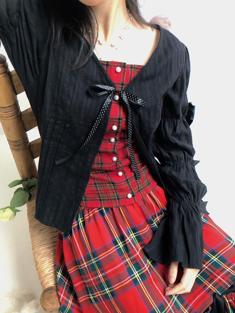 Daytoday Polka Dot Red Plaid Patch Fitted Vneck Button Long Sleeve Printed Women&