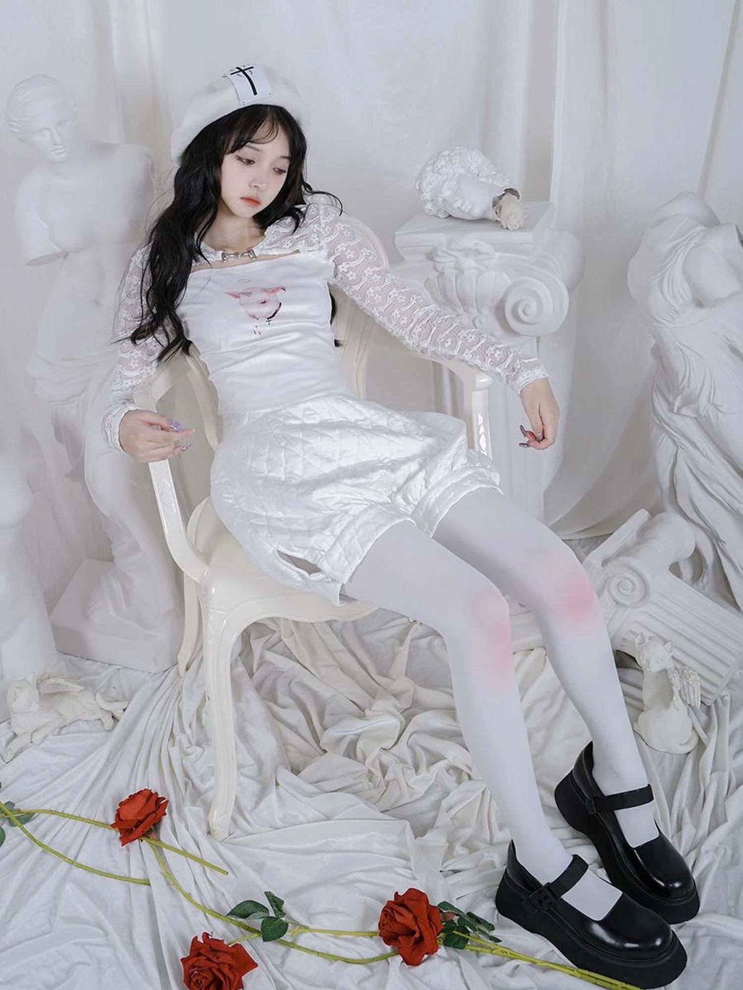 Rabbit Floral Lace Up Crop Top Stretch Cotton Blend