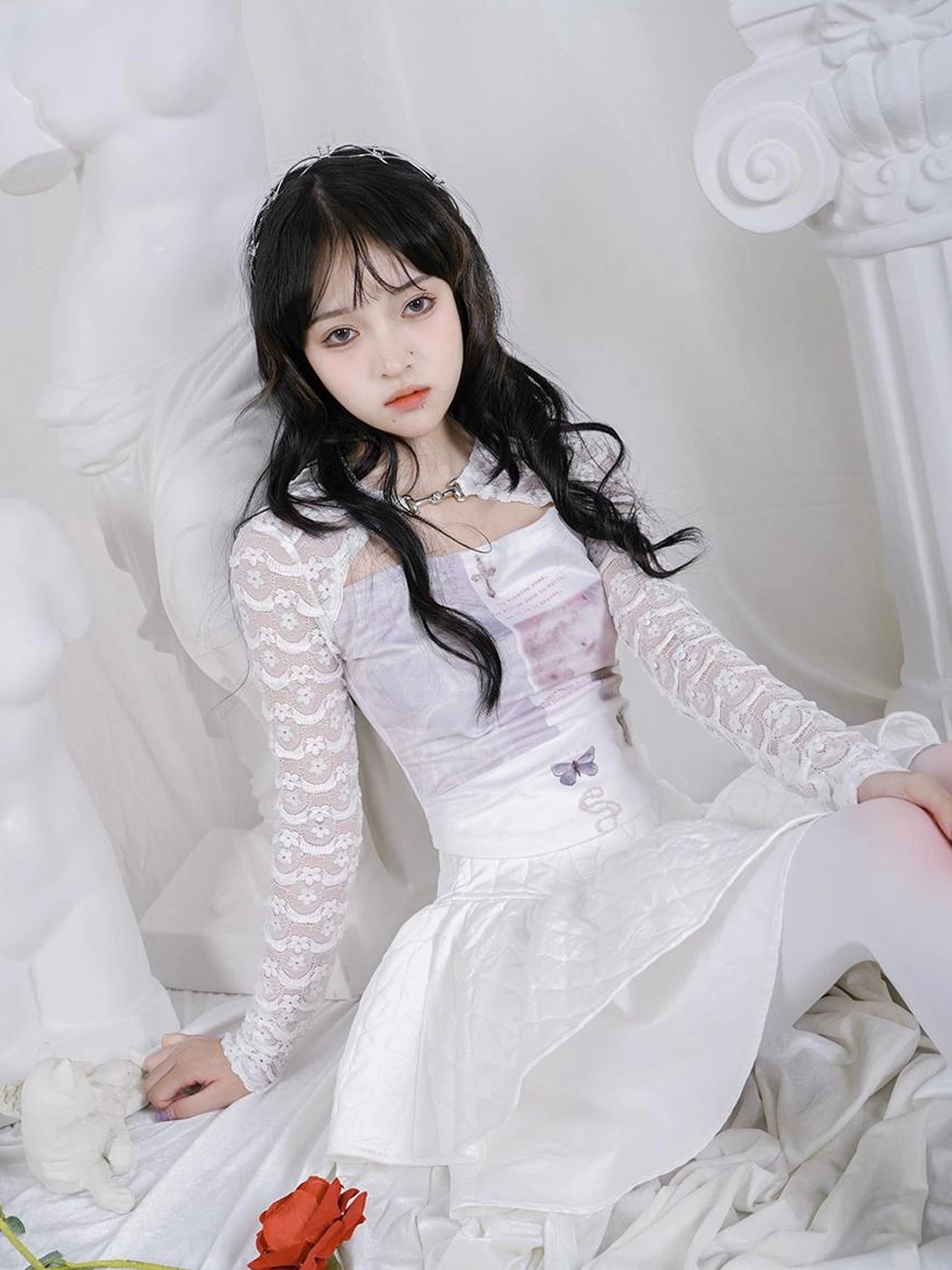 Rabbit Floral Lace Up Crop Top Stretch Cotton Blend