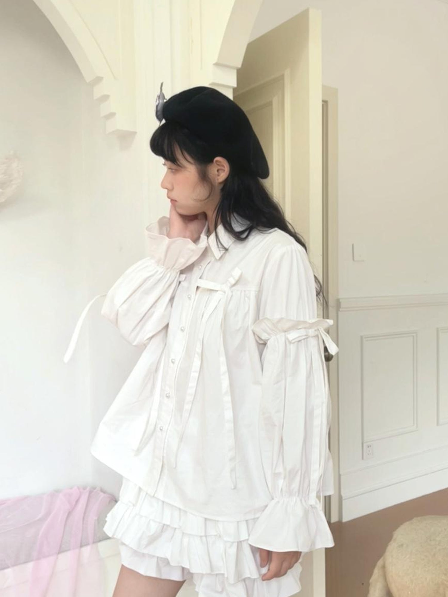 Daytoday Red Gingham Bow Bubble Sleeve Loose Long Shirt
