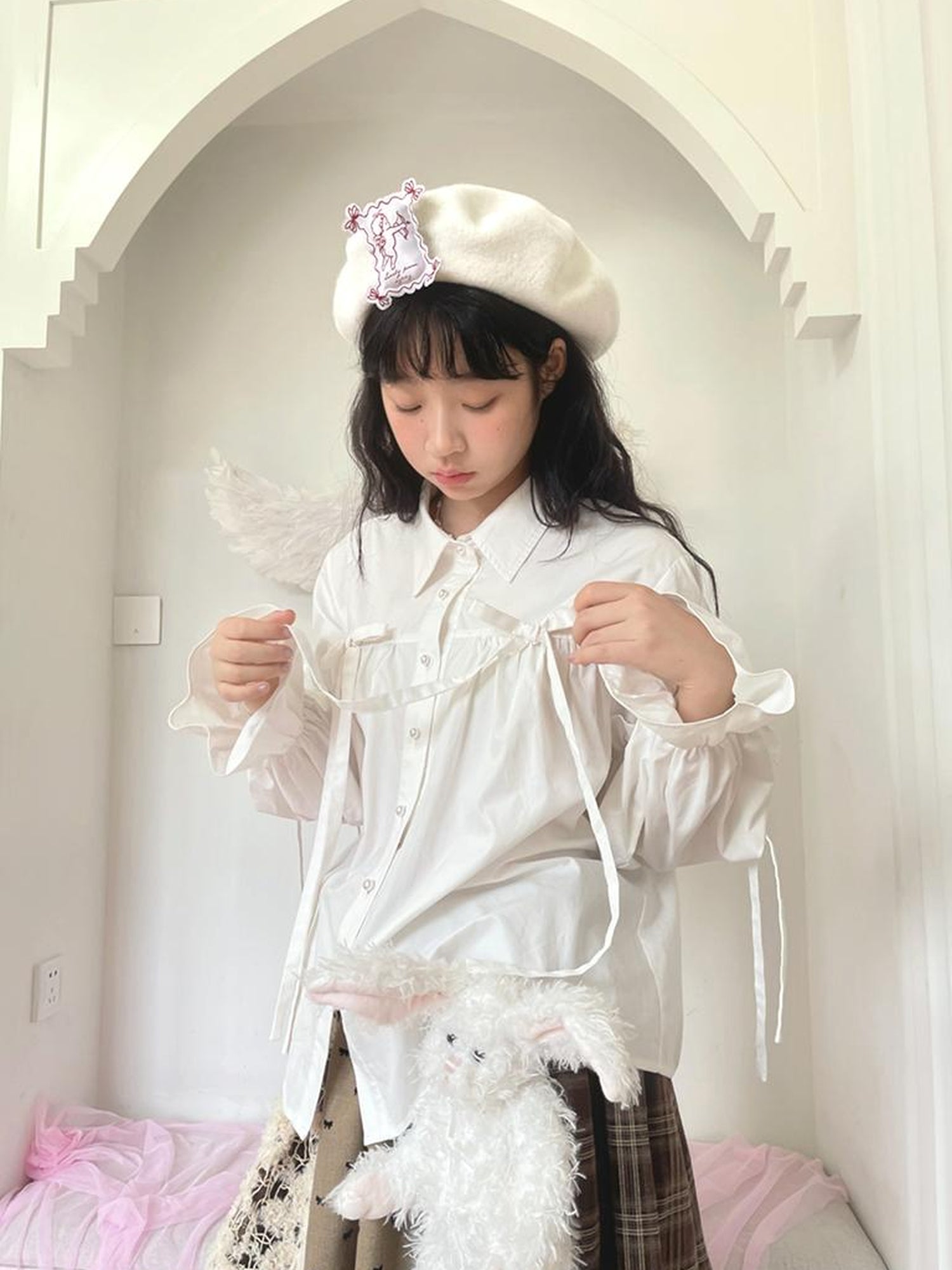 Daytoday Red Gingham Bow Bubble Sleeve Loose Long Shirt