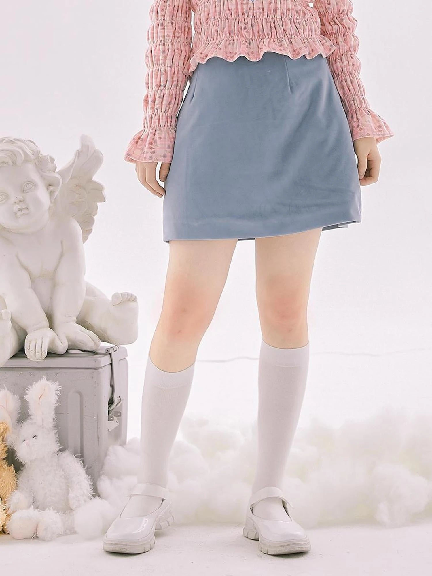 Retro Blue Velvet Padded Winter A Line Skirt