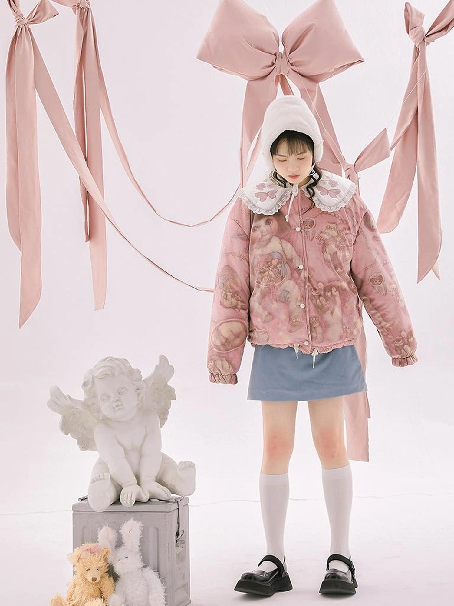 Retro Blue Velvet Padded Winter A Line Skirt