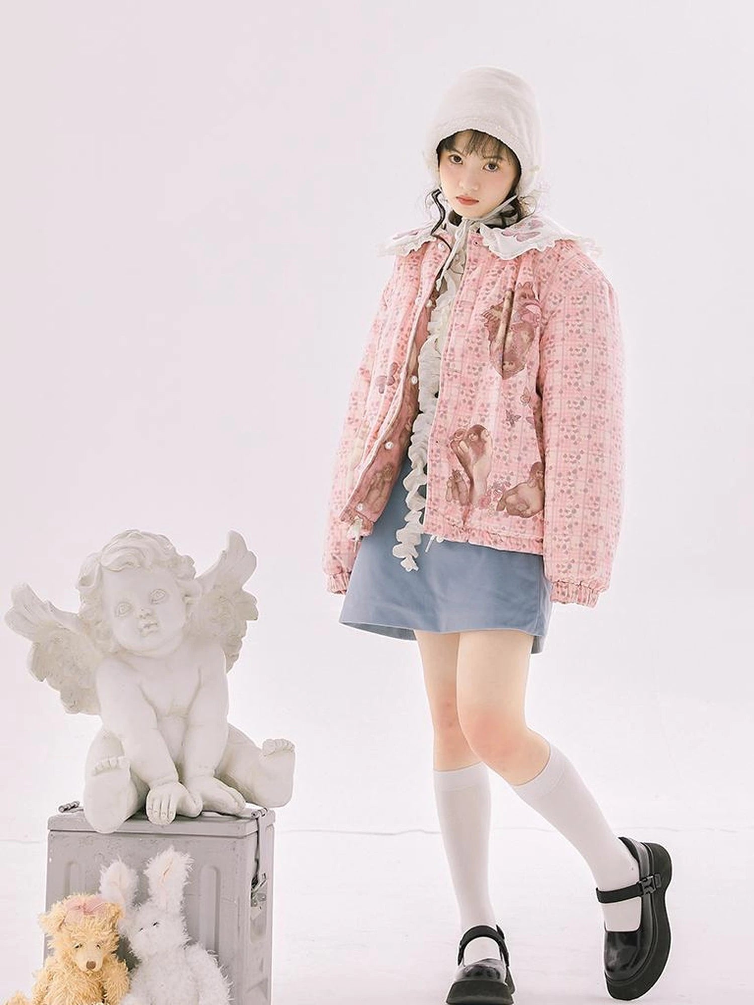 Retro Blue Velvet Padded Winter A Line Skirt