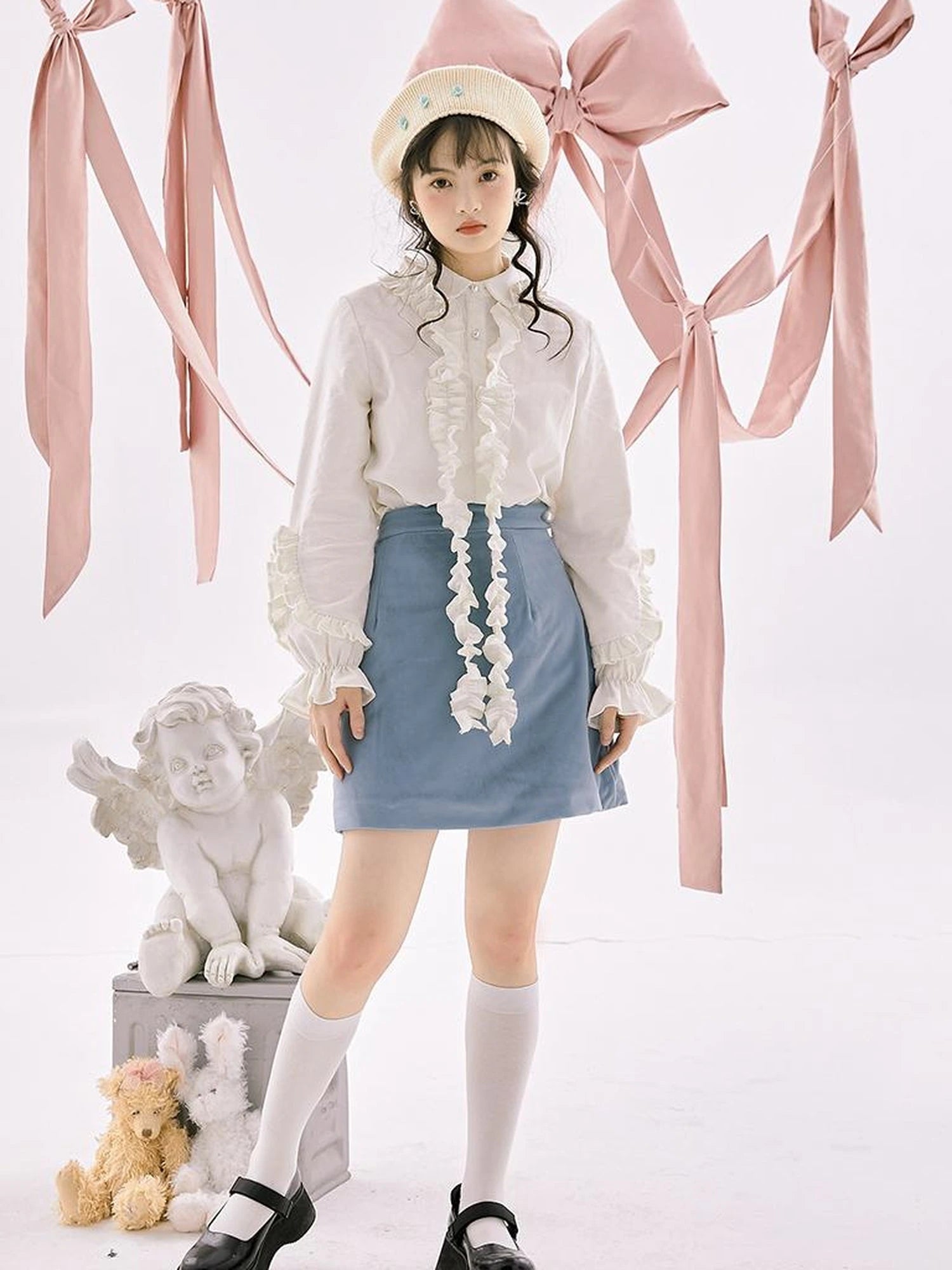 Retro Blue Velvet Padded Winter A Line Skirt