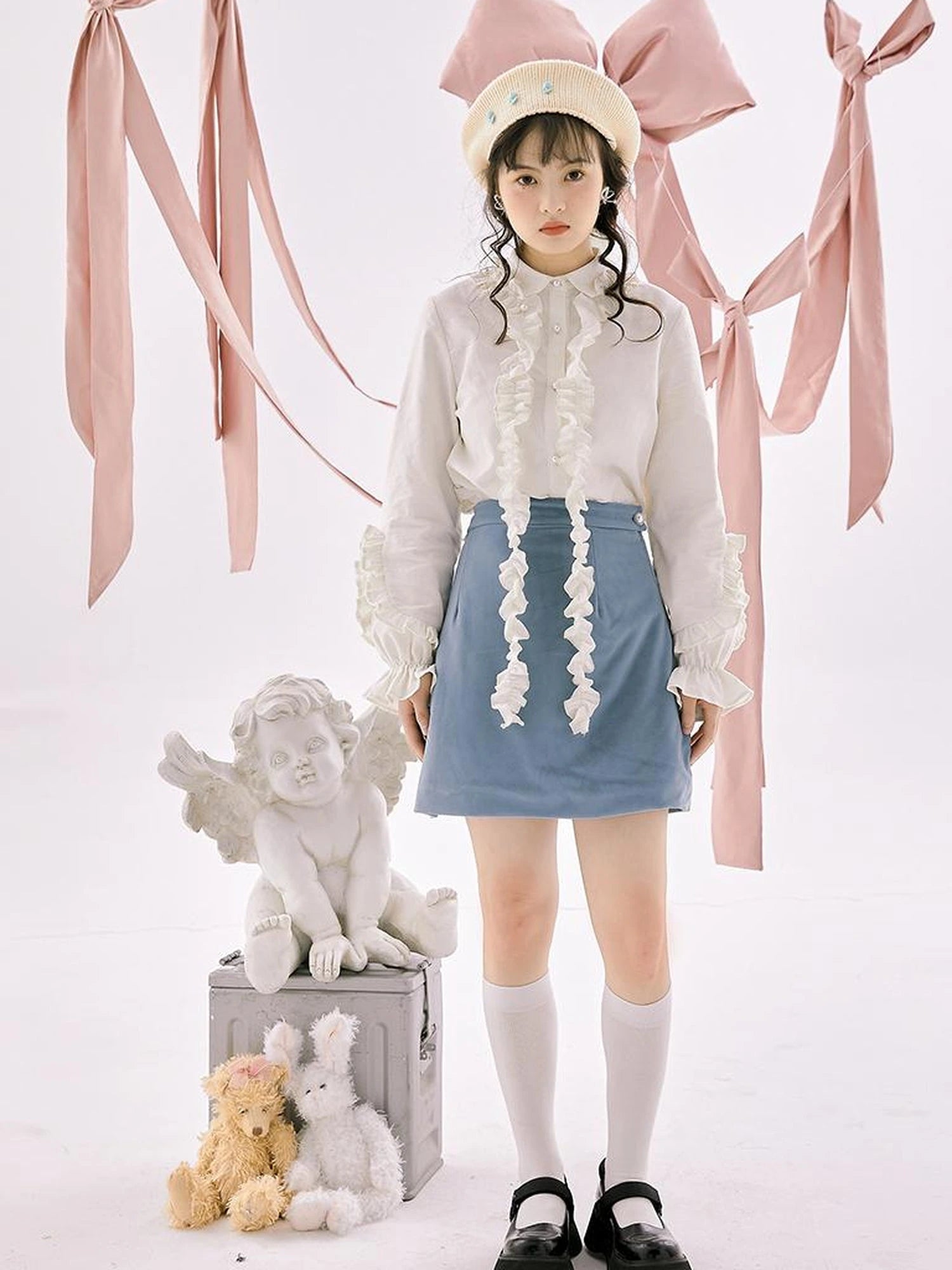 Retro Blue Velvet Padded Winter A Line Skirt