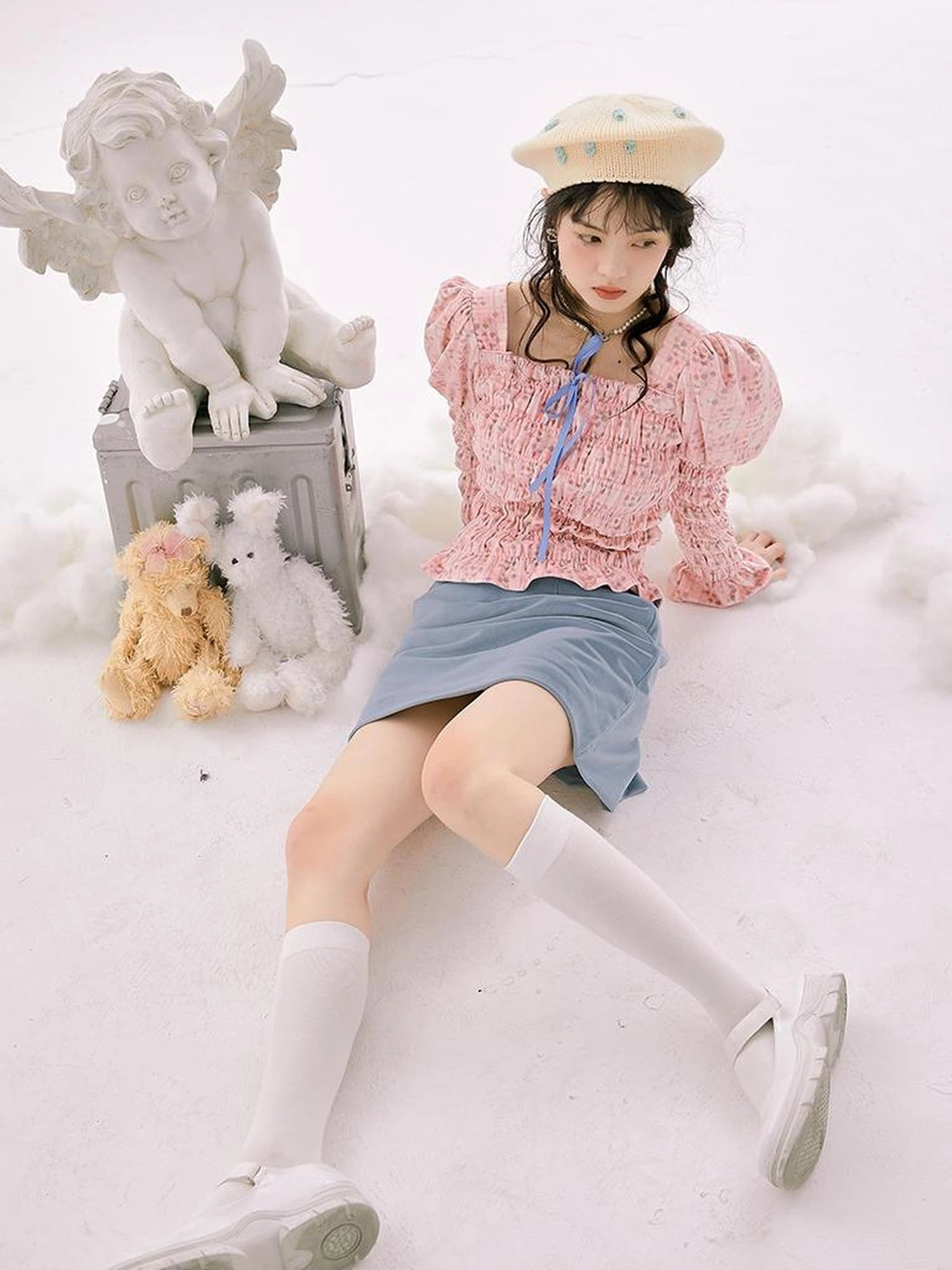 Retro Blue Velvet Padded Winter A Line Skirt