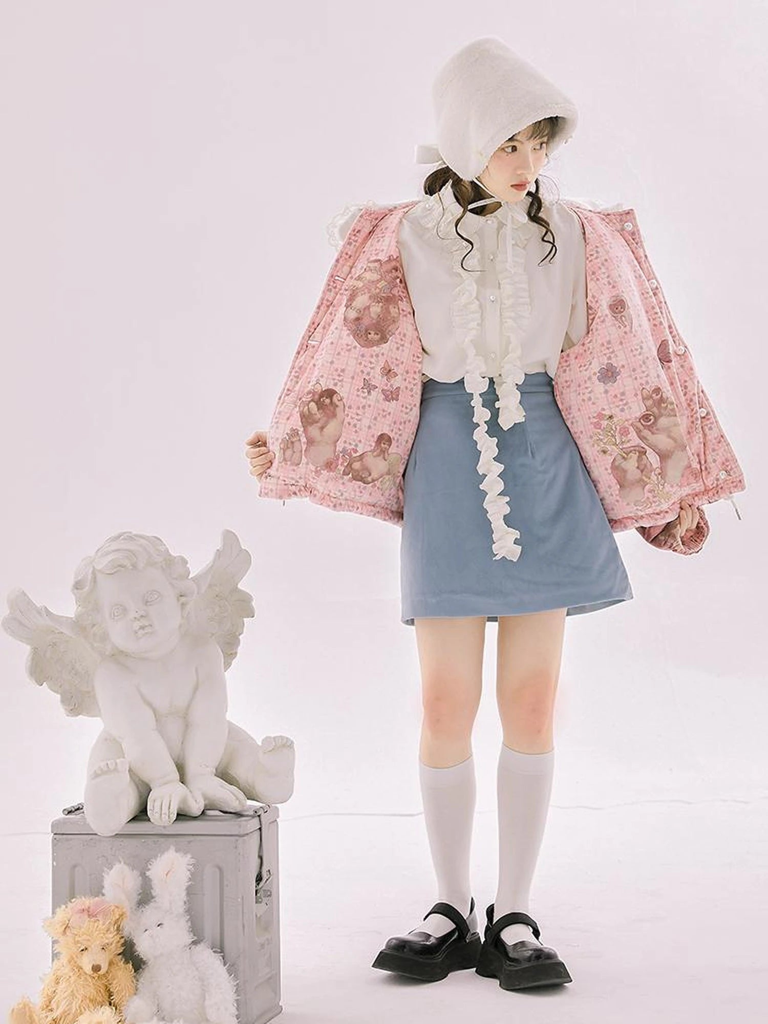 Retro Blue Velvet Padded Winter A Line Skirt