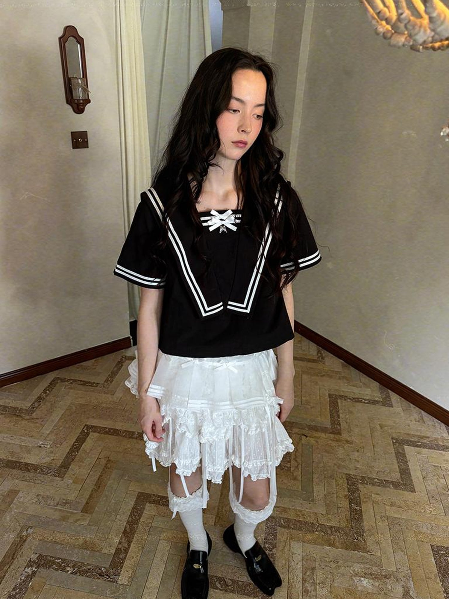 Daytoday Sailor Collar Bow Wing Short Sleeve Shirt
