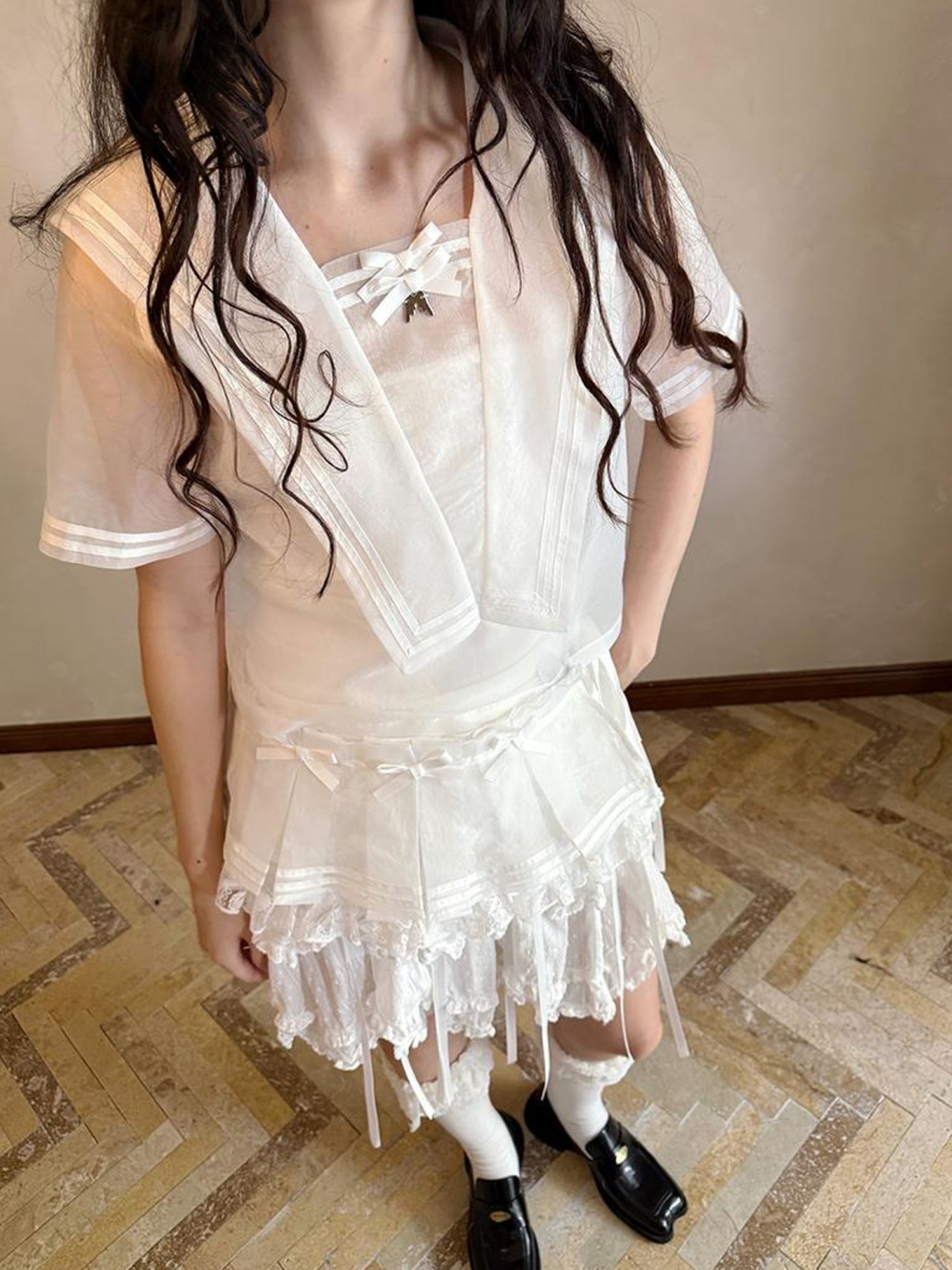 Daytoday Sailor Collar Bow Wing Short Sleeve Shirt