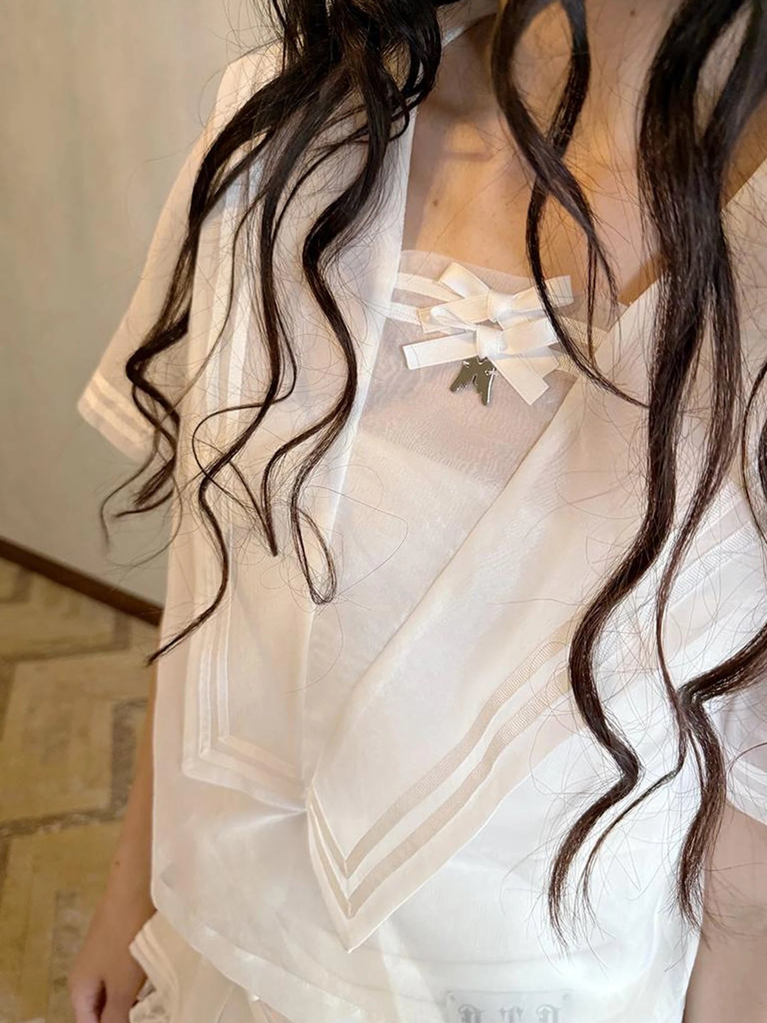 Sailor Collar Bow Wing Short Sleeve Shirt