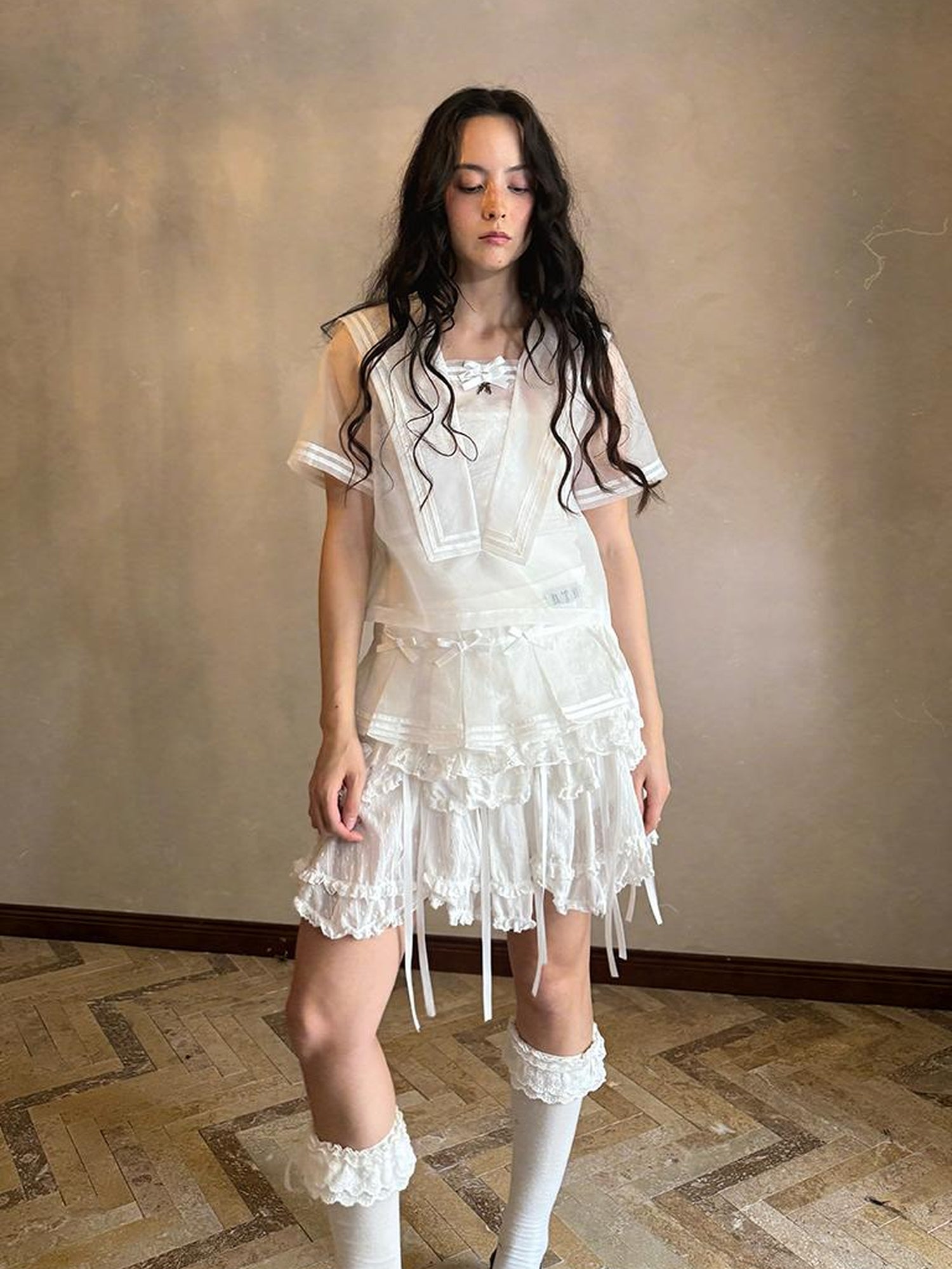 Daytoday Sailor Collar Bow Wing Short Sleeve Shirt
