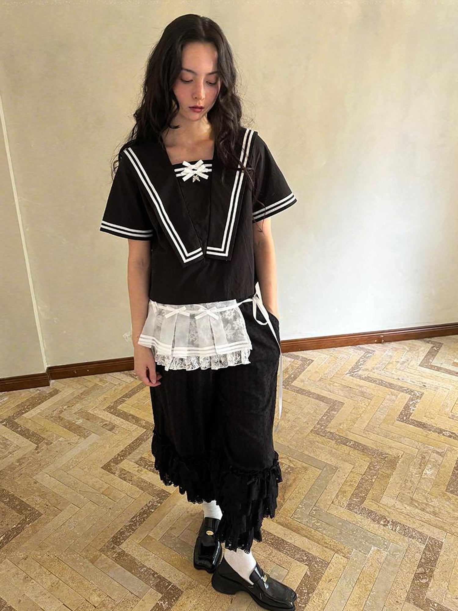 Daytoday Sailor Collar Bow Wing Short Sleeve Shirt