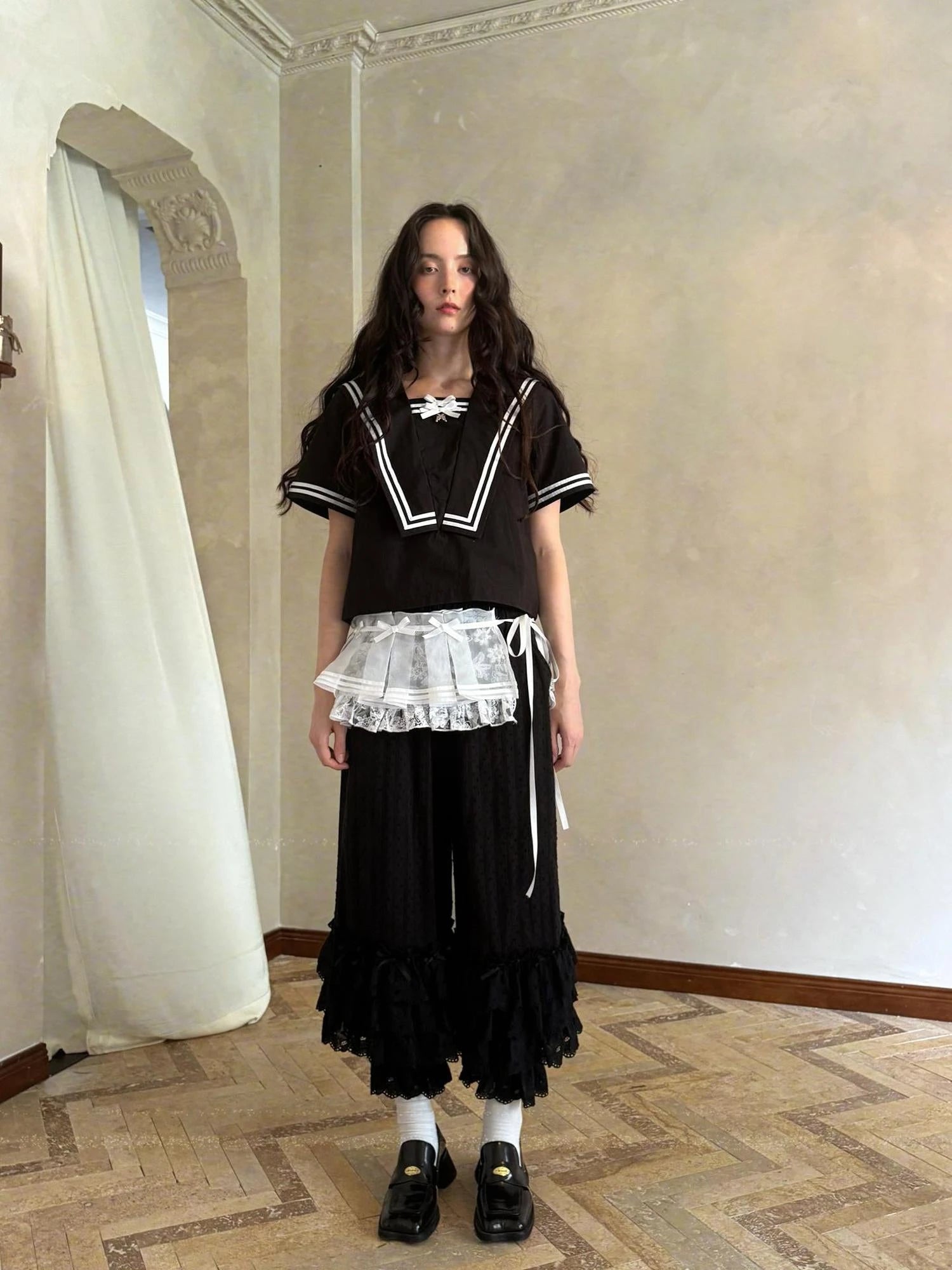 Sailor Collar Bow Wing Short Sleeve Shirt