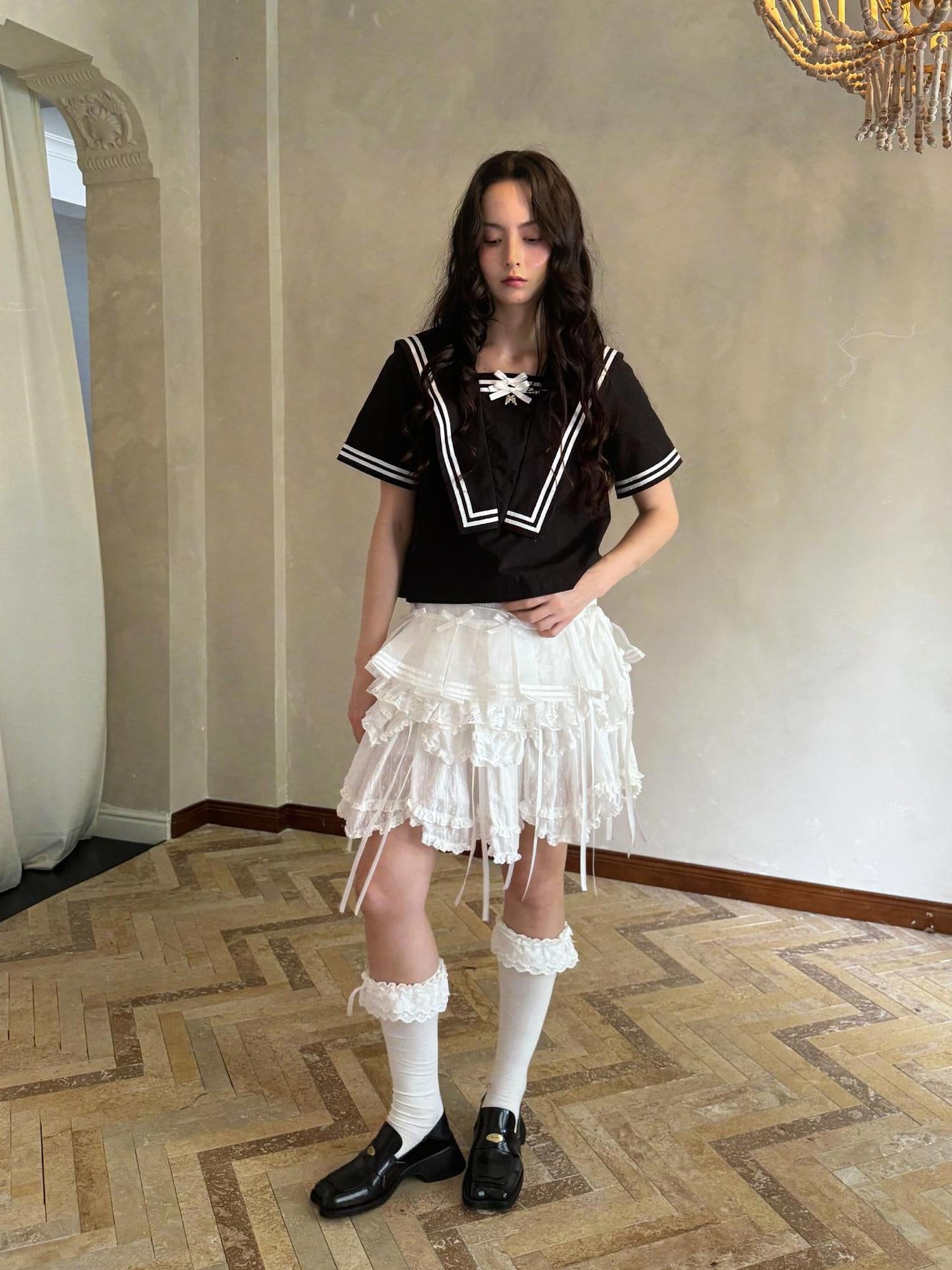 Daytoday Sailor Collar Bow Wing Short Sleeve Shirt