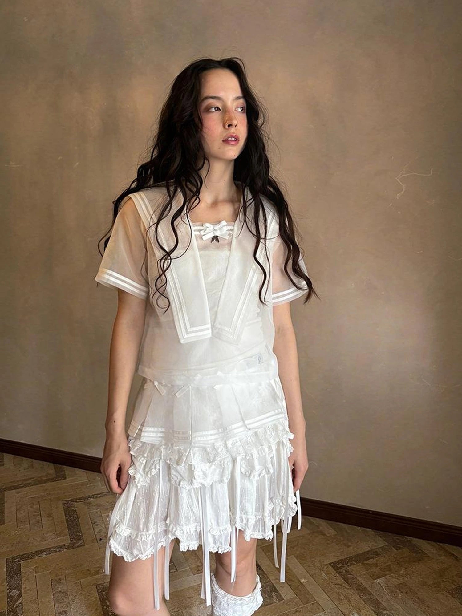 Sailor Collar Bow Wing Short Sleeve Shirt