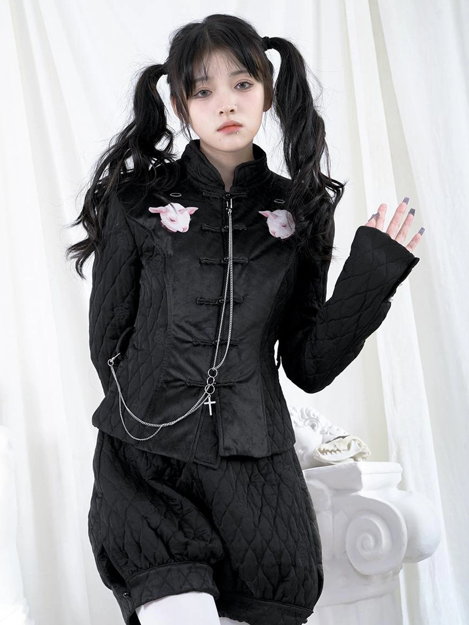 Sheep Print Floral Qipao Cotton Coat