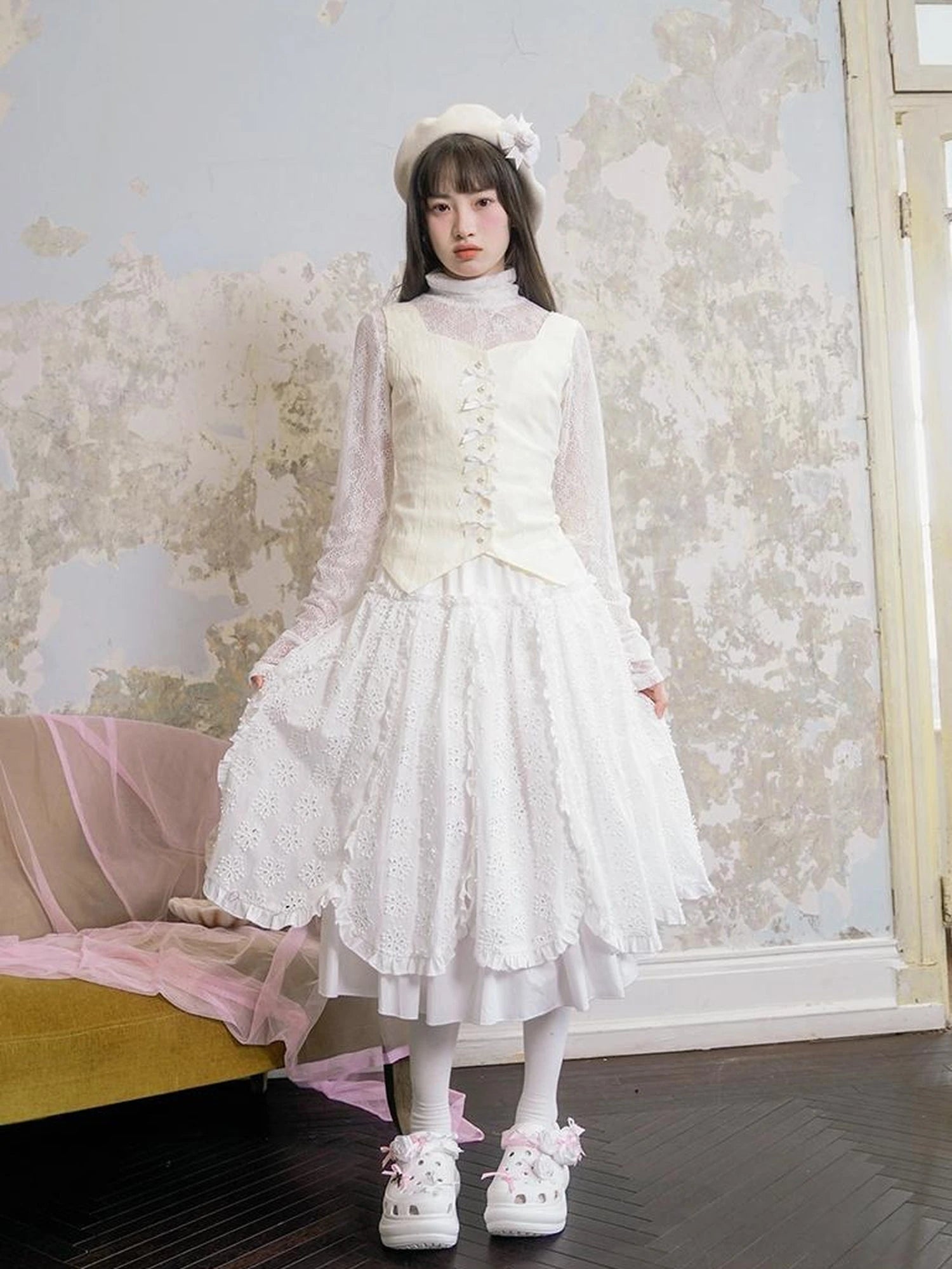 Sheer Lace High Neck Long Sleeve Top