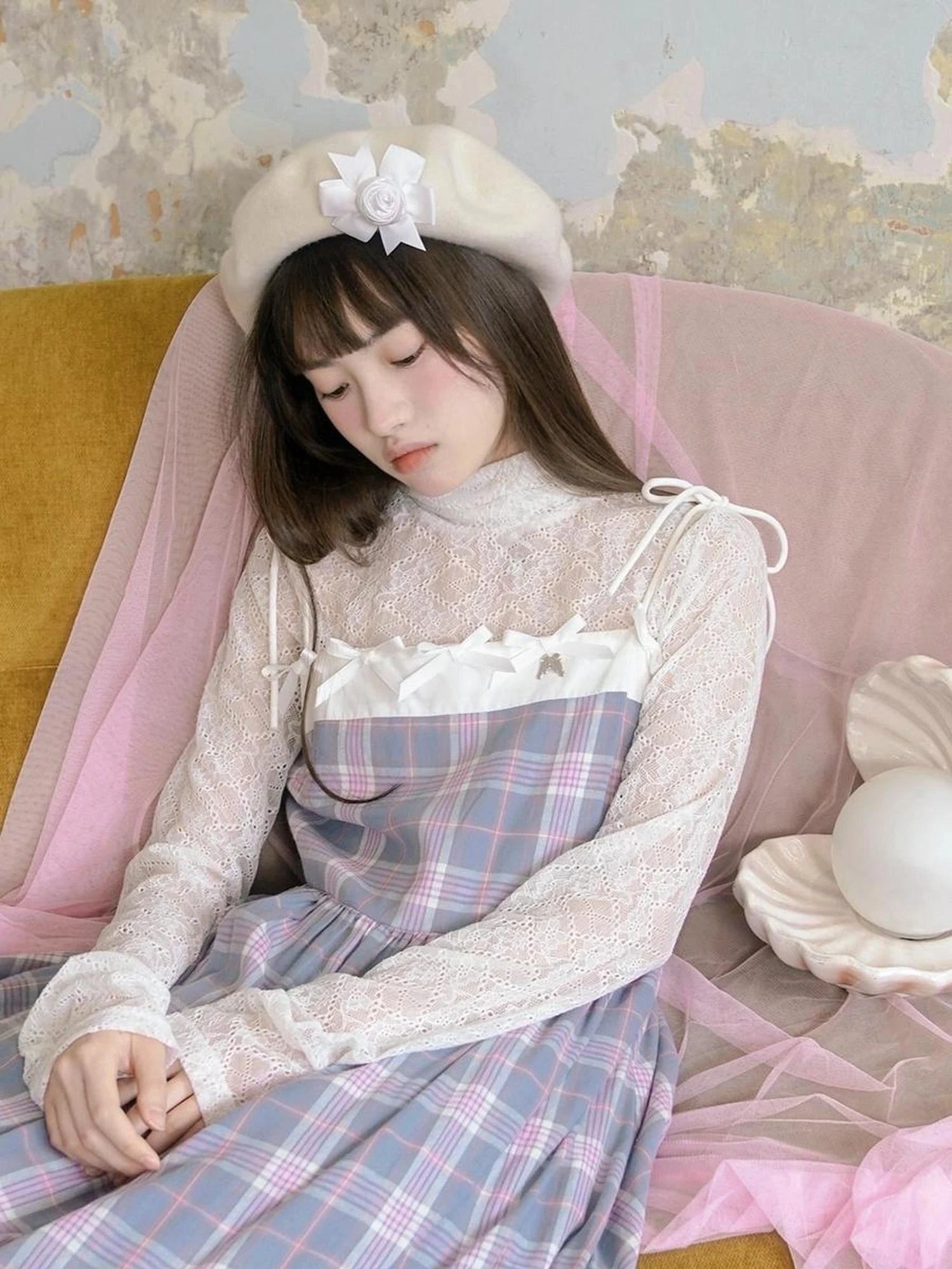 Sheer Lace High Neck Long Sleeve Top