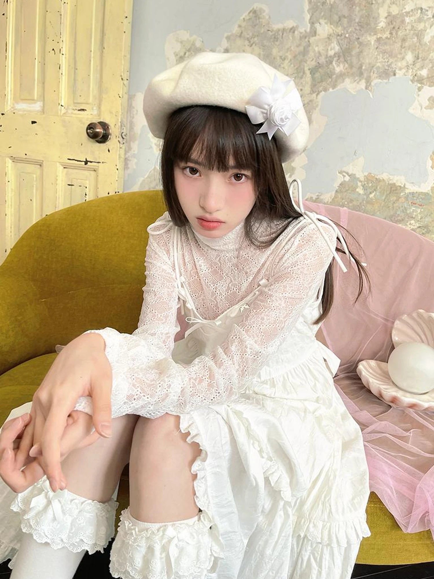 Sheer Lace High Neck Long Sleeve Top