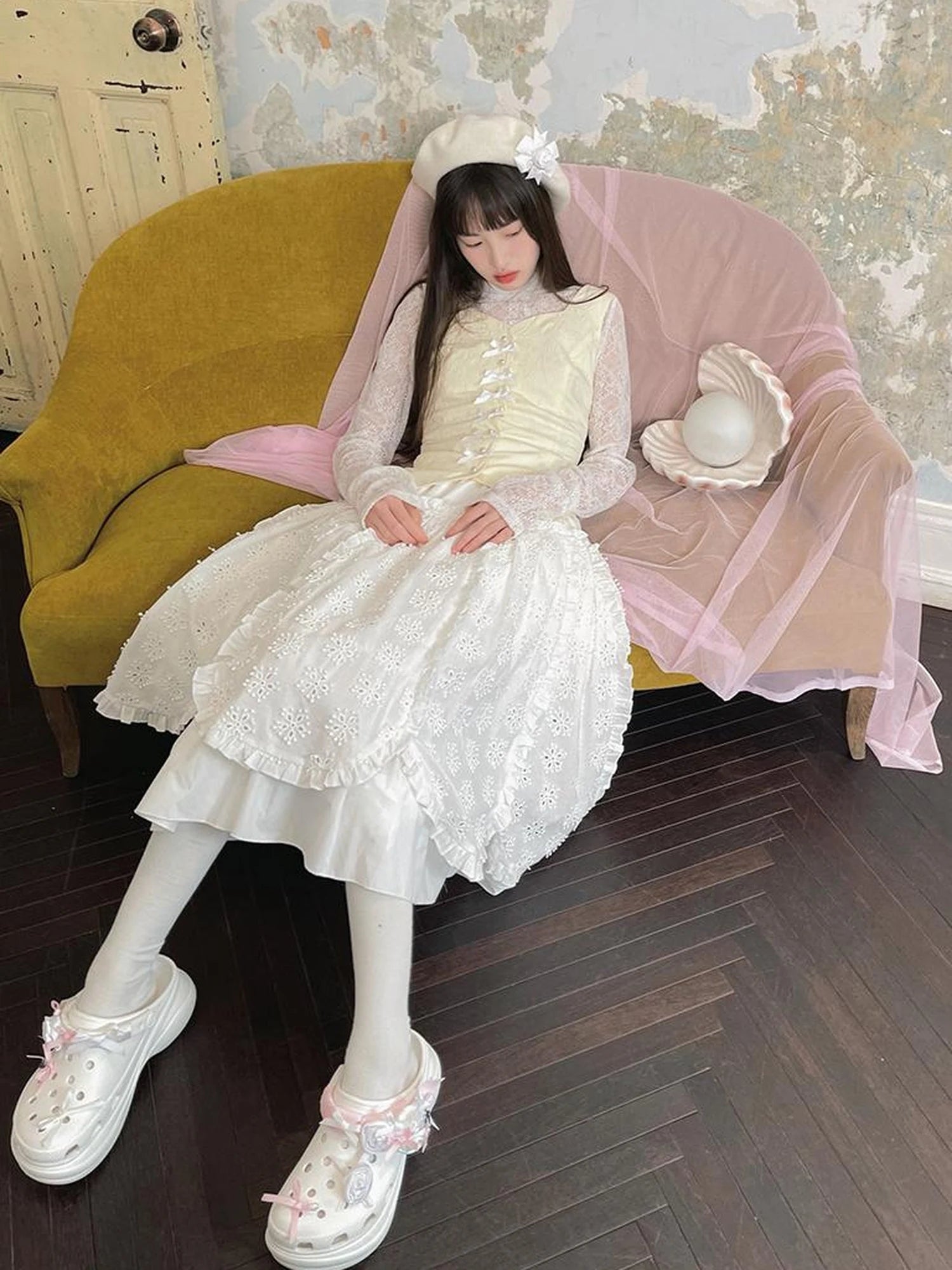 Sheer Lace High Neck Long Sleeve Top