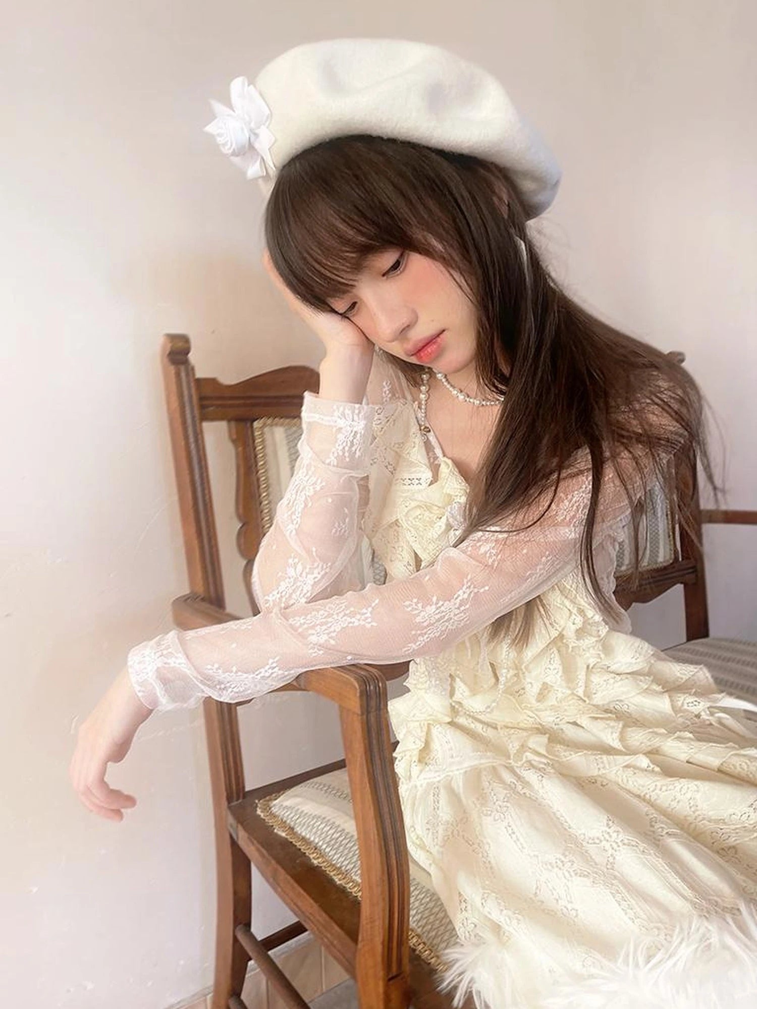 Sheer Lace Long Sleeve Blouse With Asymmetric Hem