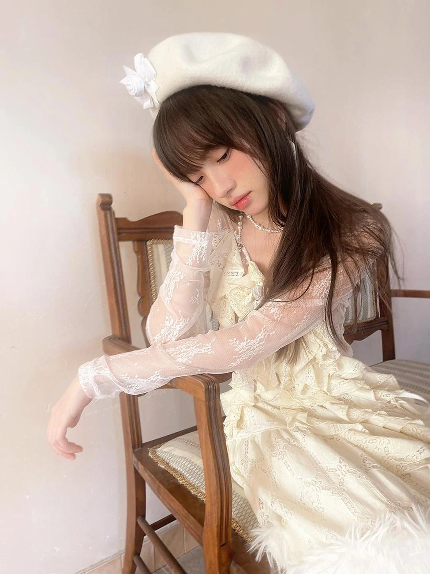 Sheer Lace Long Sleeve Blouse With Asymmetric Hem