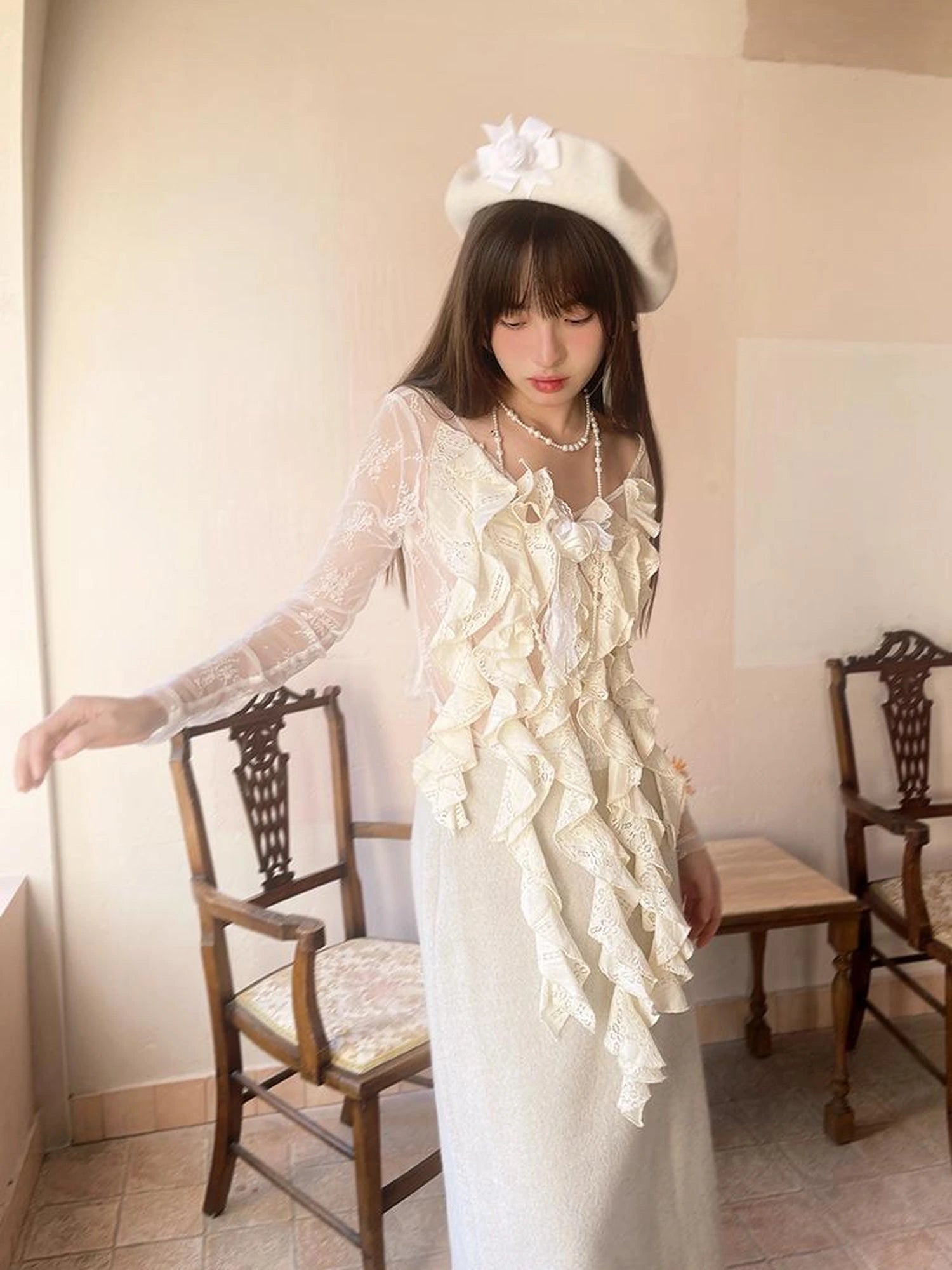 Sheer Lace Long Sleeve Blouse With Asymmetric Hem