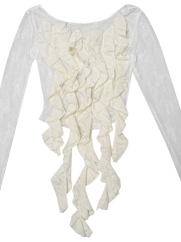 Sheer Lace Long Sleeve Blouse With Asymmetric Hem