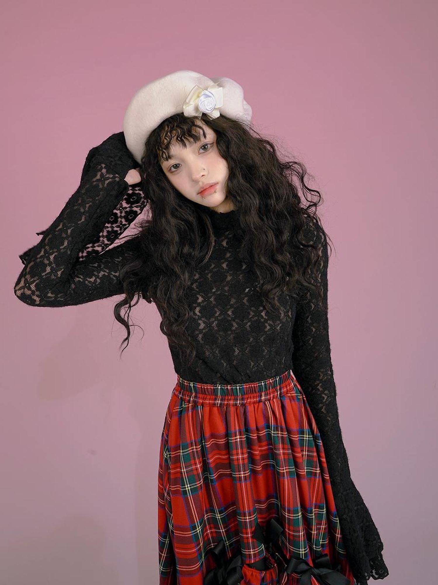 Daytoday Snow Country Lace Jacquard Fluffy Long Sleeve High Neck Top
