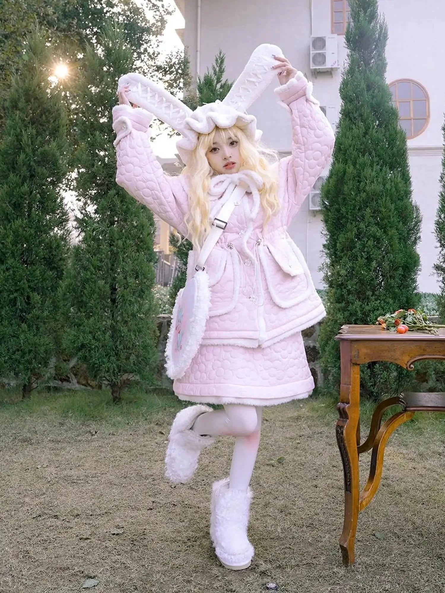 Snowy Floral Puff Coat V Neck T Shirt Long Sleeve