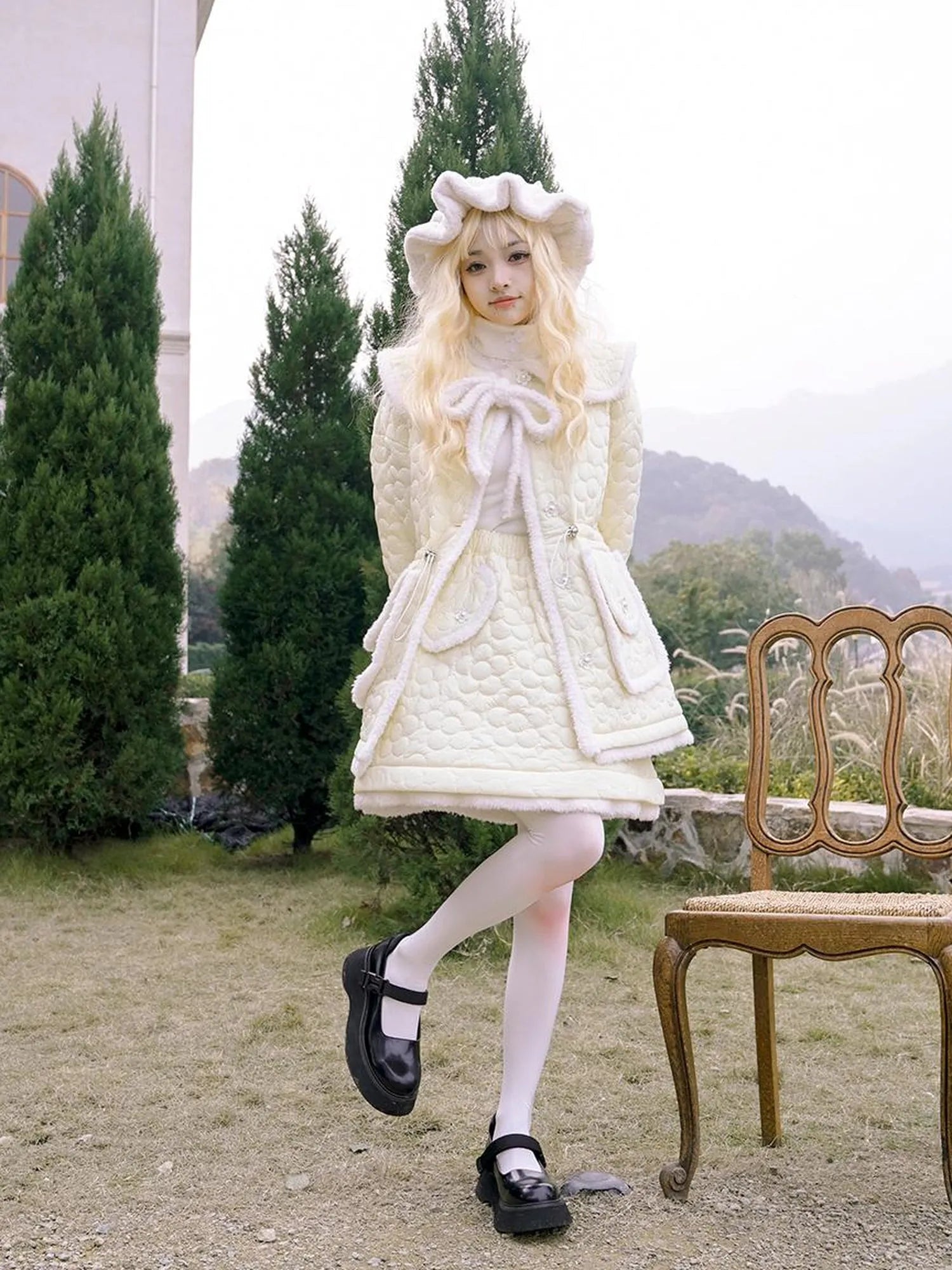 Snowy Floral Puff Coat V Neck T Shirt Long Sleeve