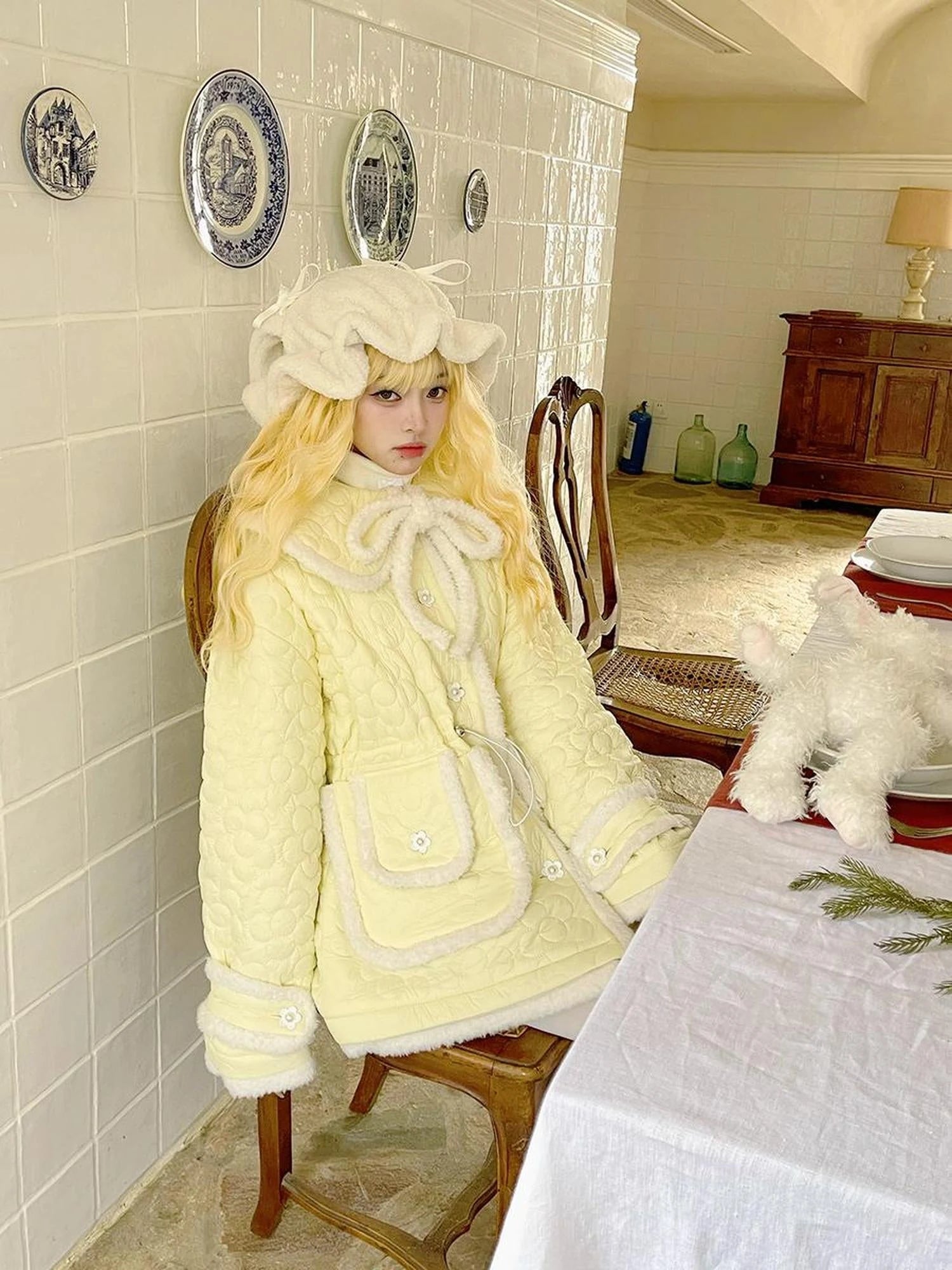 Snowy Floral Puff Coat V Neck T Shirt Long Sleeve