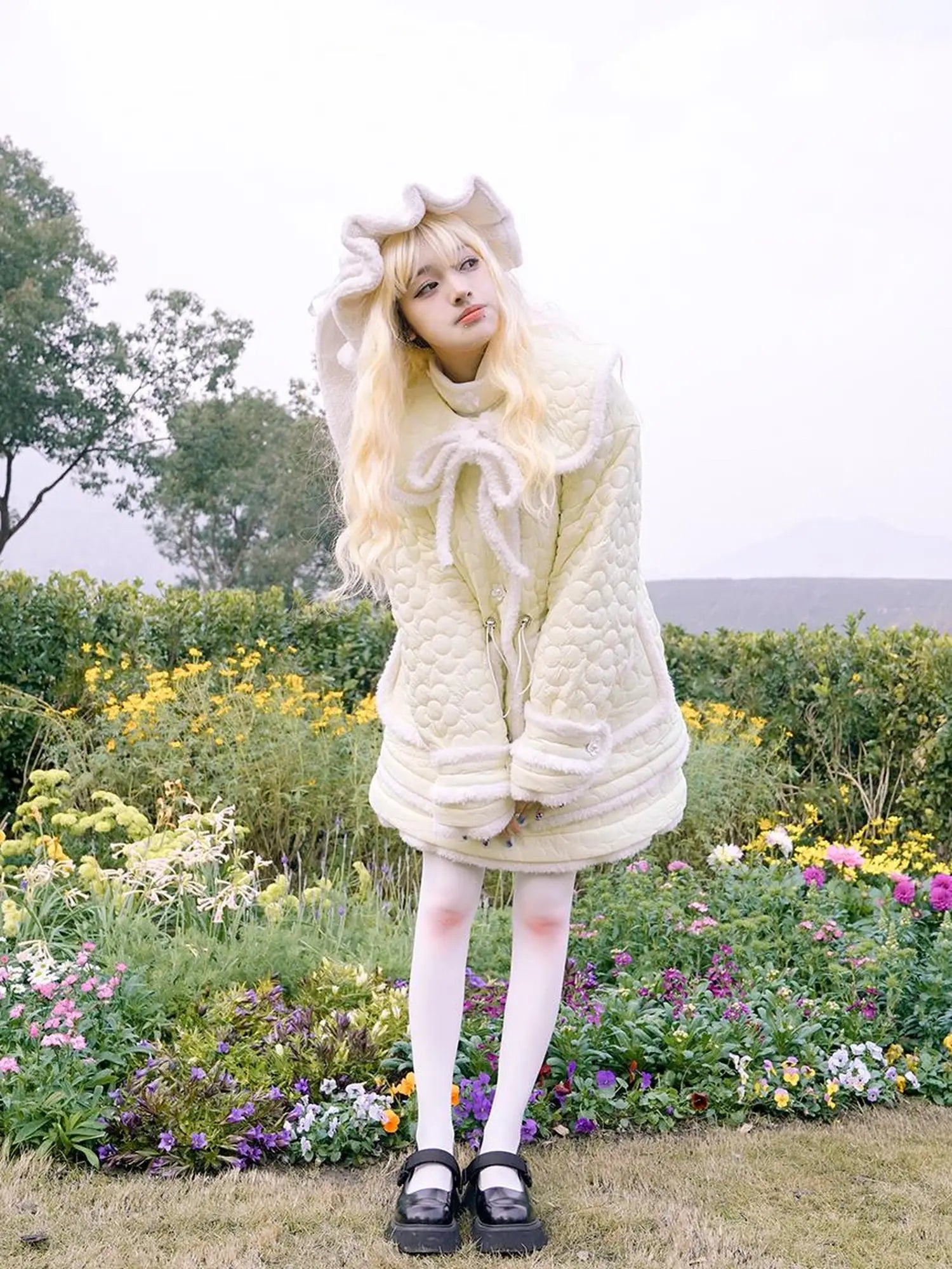 Snowy Floral Puff Coat V Neck T Shirt Long Sleeve