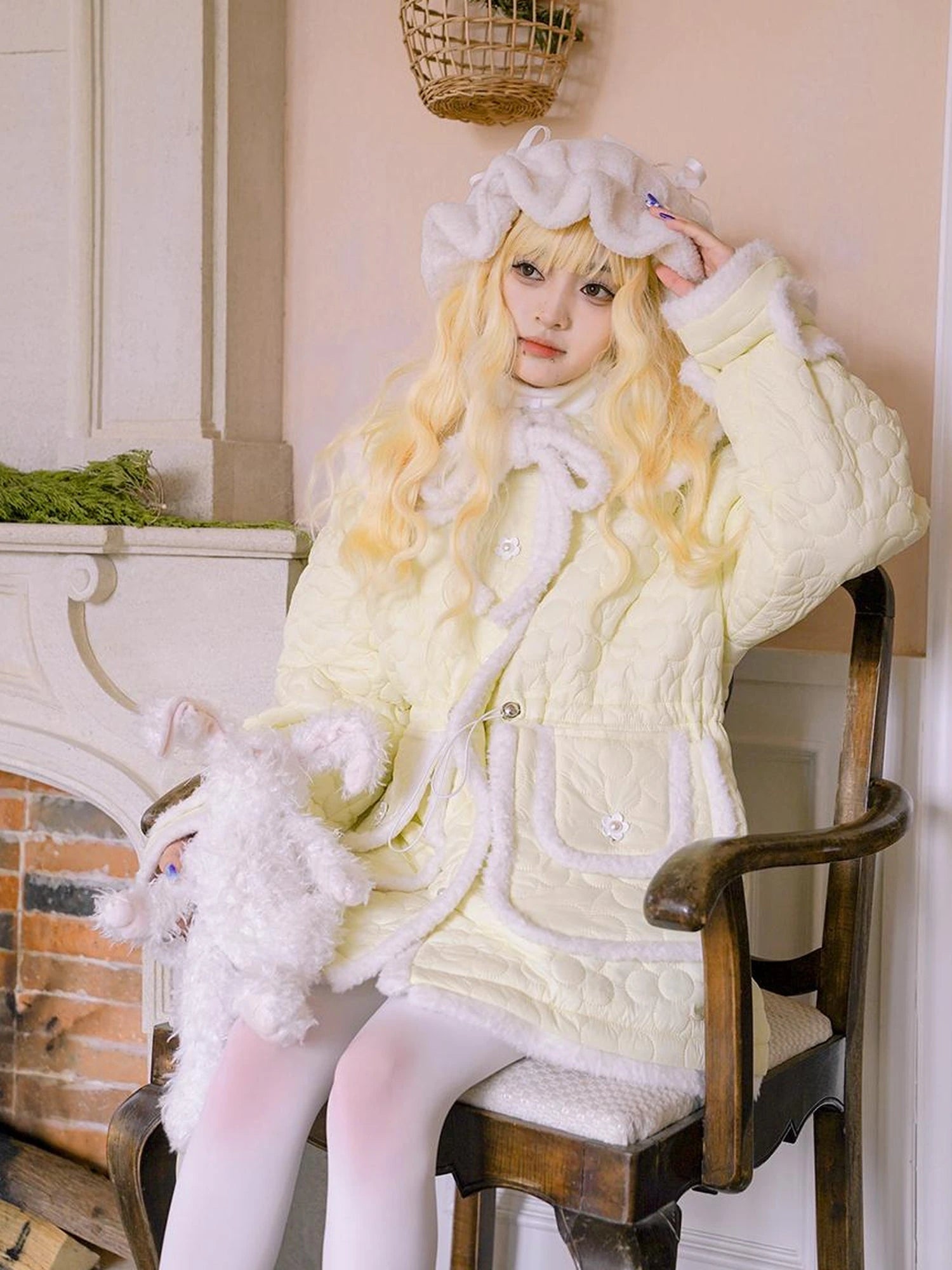 Snowy Floral Puff Coat V Neck T Shirt Long Sleeve