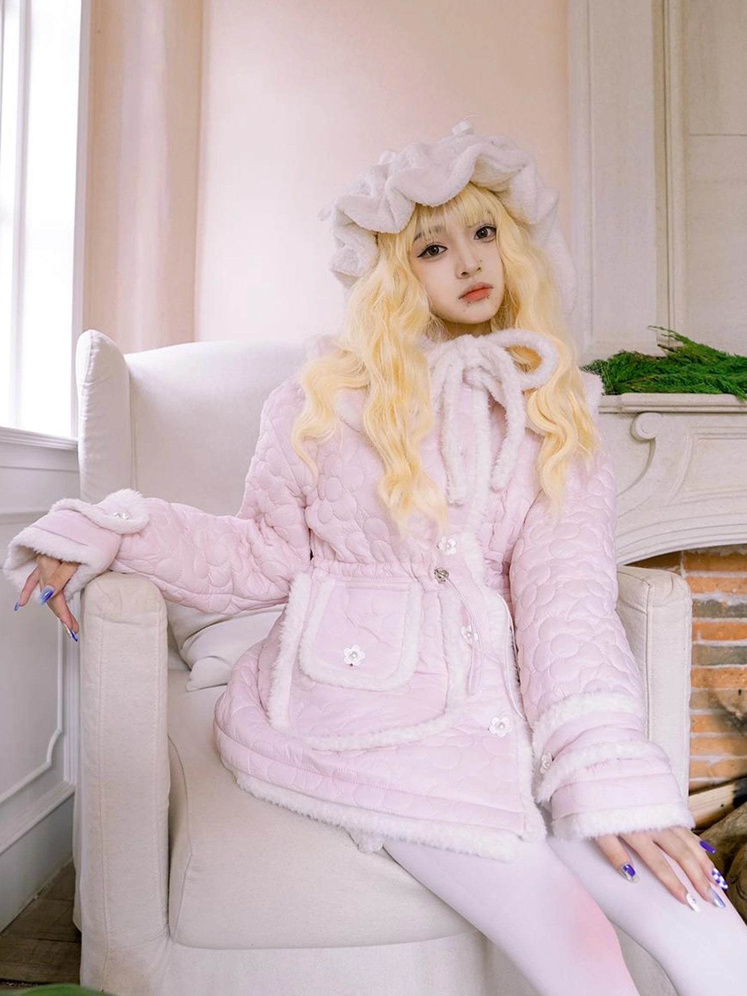 Snowy Floral Puff Coat V Neck T Shirt Long Sleeve