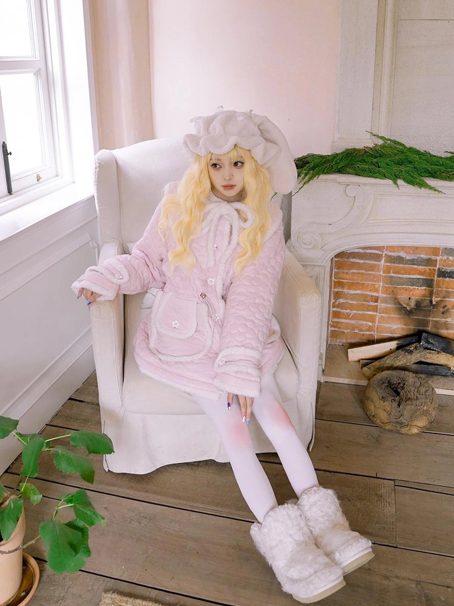 Snowy Floral Puff Coat V Neck T Shirt Long Sleeve