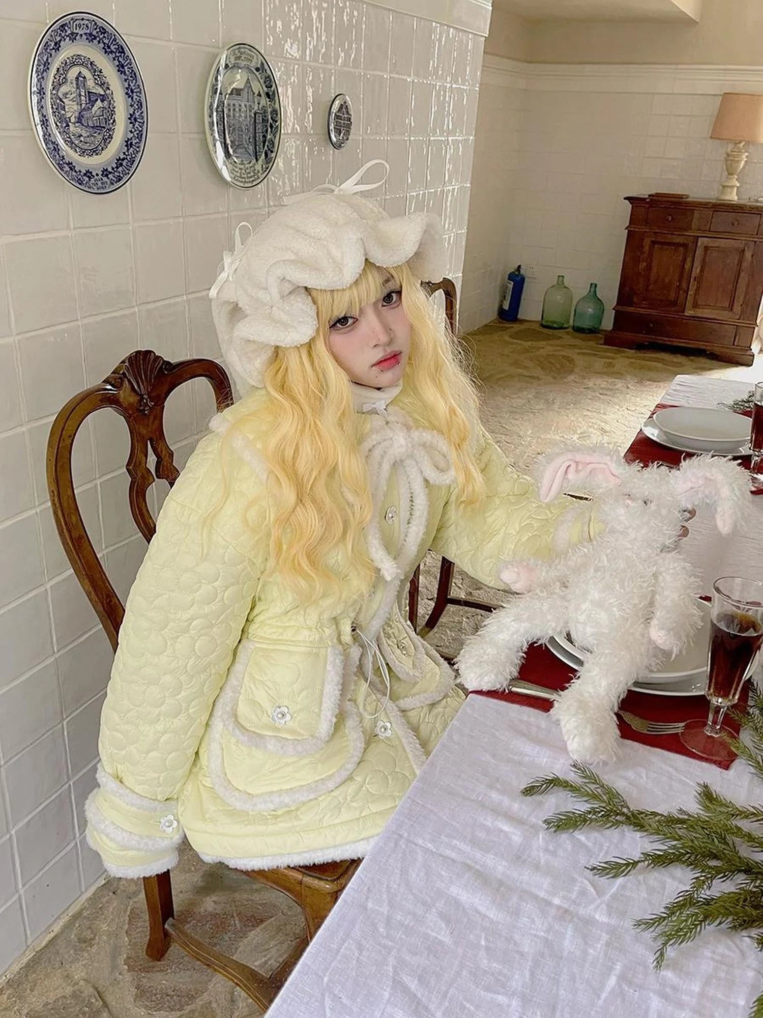 Snowy Floral Puff Coat V Neck T Shirt Long Sleeve