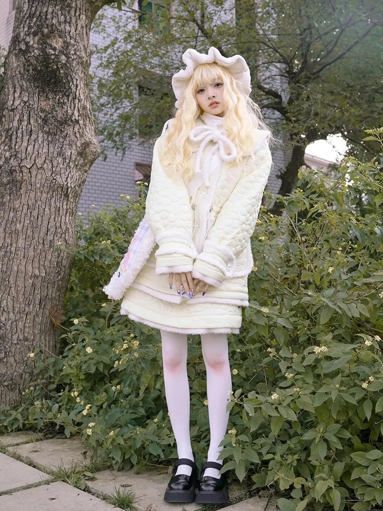 Snowy Floral Puff Coat V Neck T Shirt Long Sleeve