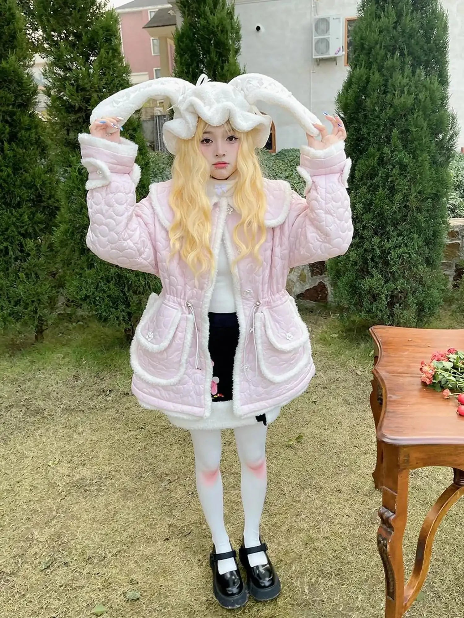 Snowy Floral Puff Coat V Neck T Shirt Long Sleeve