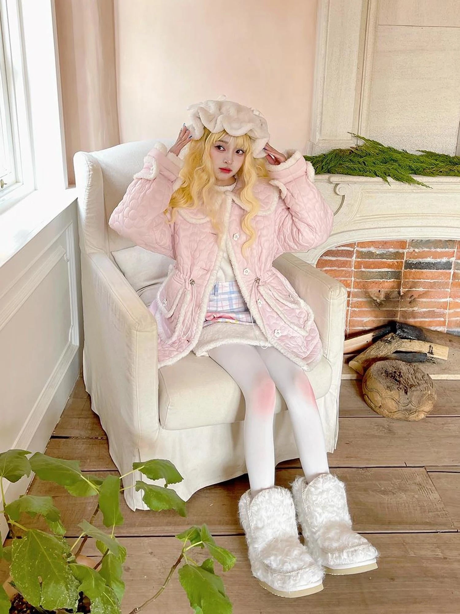 Snowy Floral Puff Coat V Neck T Shirt Long Sleeve