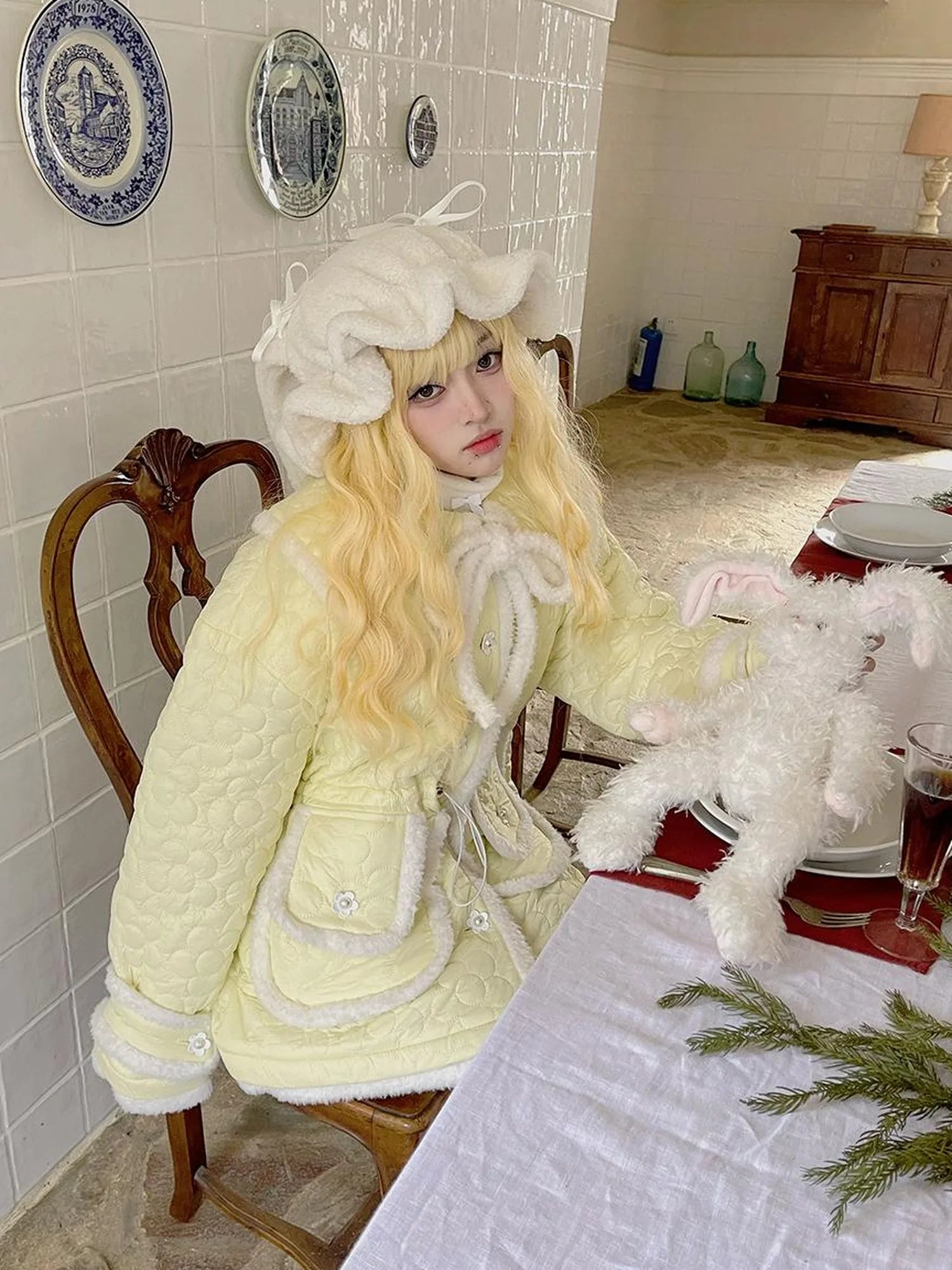 Snowy Floral Puff Coat V Neck T Shirt Long Sleeve