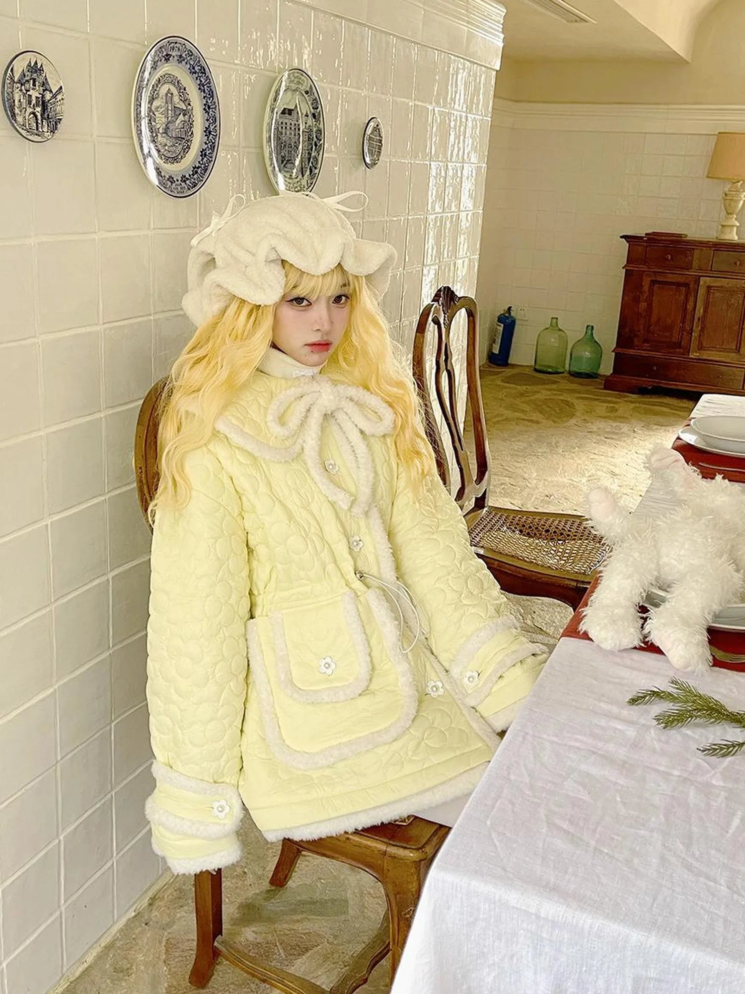 Snowy Floral Puff Coat V Neck T Shirt Long Sleeve