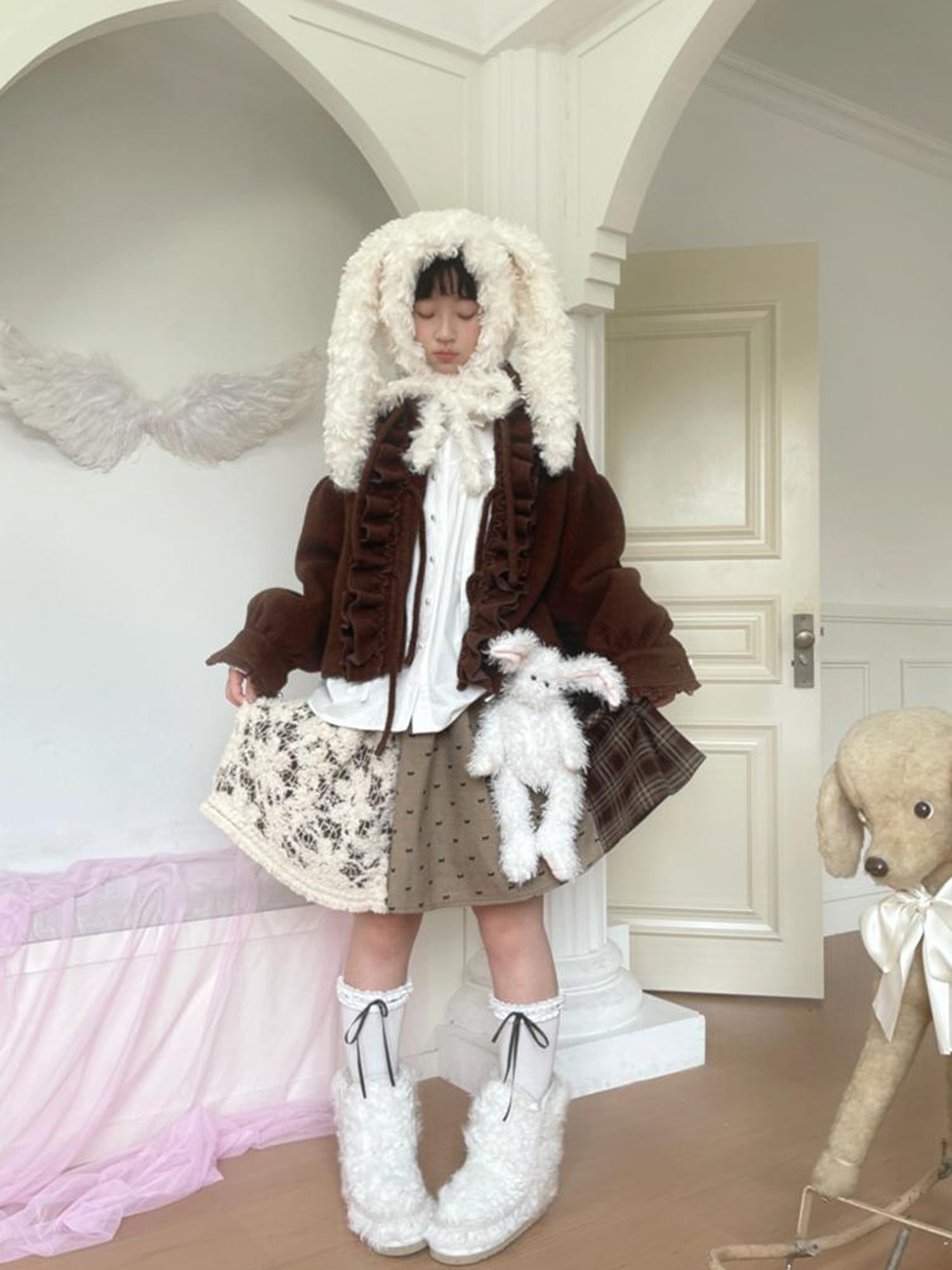 Daytoday Soft Plush Bow Trimmed Bunny Ear Winter Hat